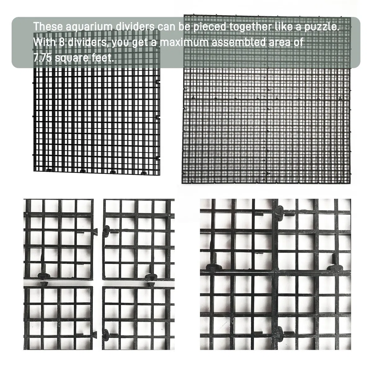 8 separadores de acuario, 11.8 x 11.8 pulgadas, rejilla de plástico con clips de ventosa, caja de huevos ajustable para cría mixta, toma de tortugas y protección inferior de filtro (negro)