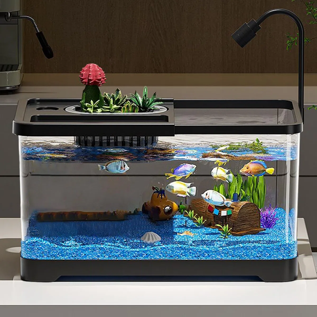 Aquarium Principiante | Kit de Inicio con Iluminación LED y Decoraciones - Decoración Acuática Elegante para Hogar Oficina Dormitorio