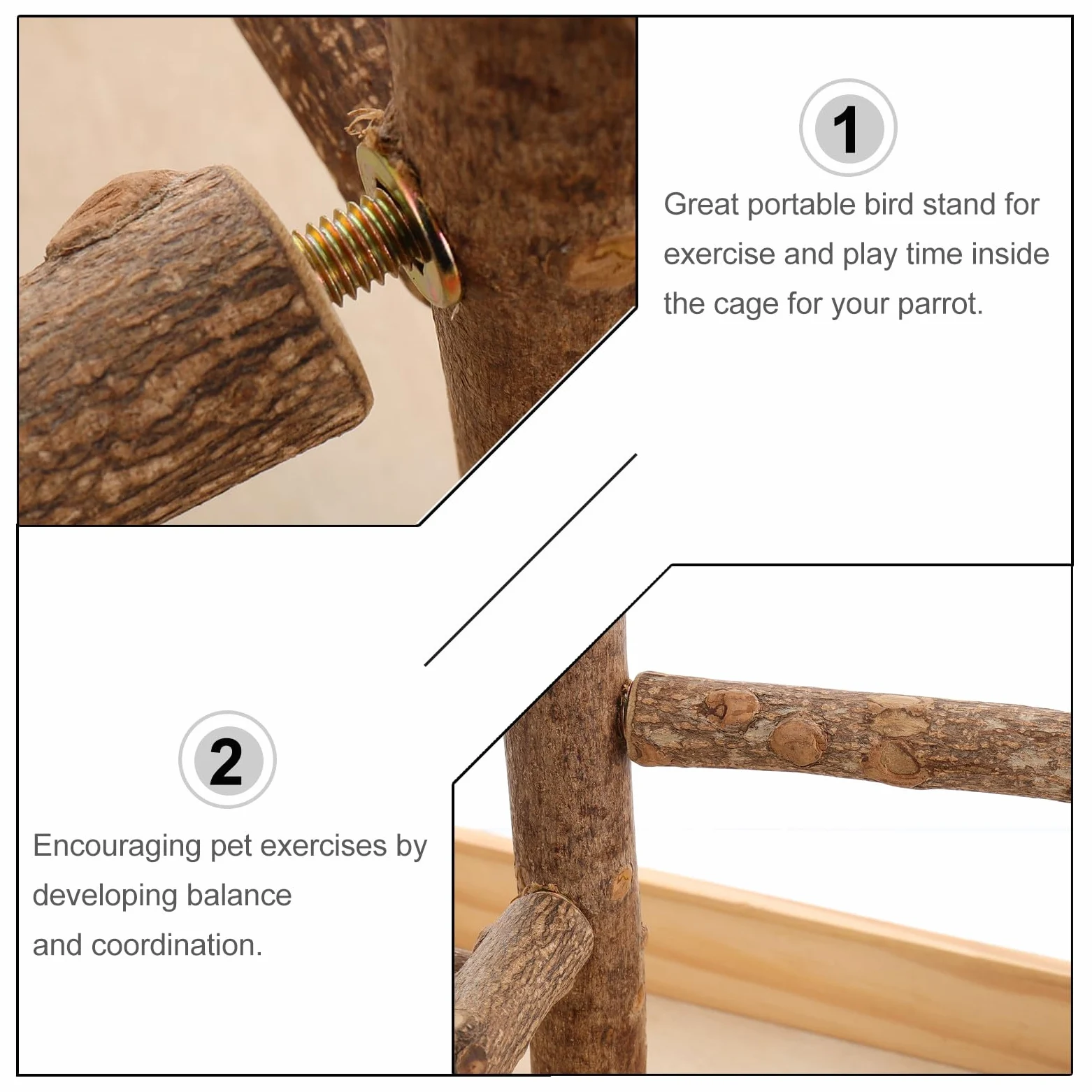 Puesto de Madera para Pájaros, Juguete de Entrenamiento Portátil Beige | Soporte de Percha para Loro, Madera Natural, Ayuda a Equilibrio y Coordinación, para Periquito y Ave