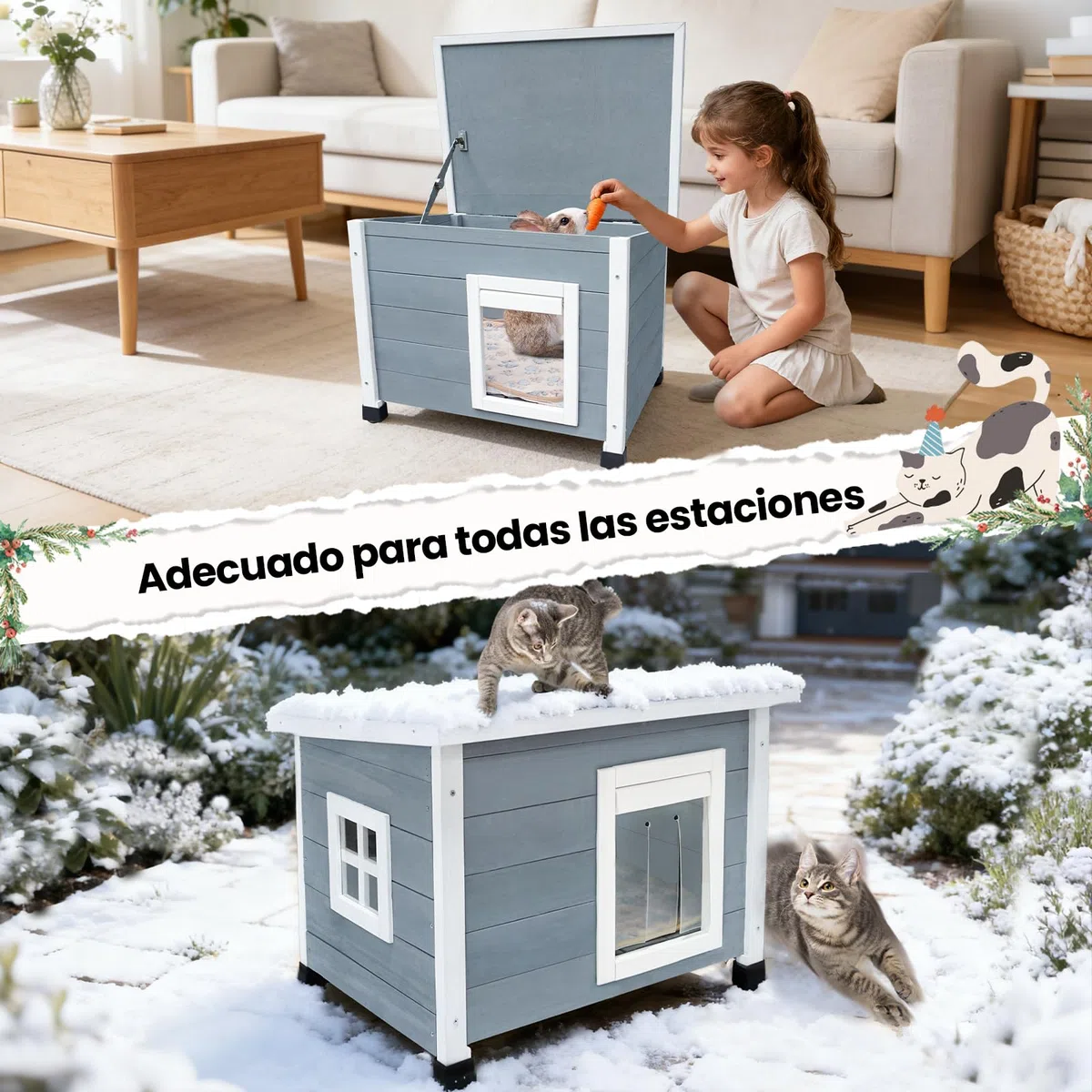 Caseta de madera para gatos al aire libre con techo de asfalto impermeable, adecuada para cachorros y animales pequeños