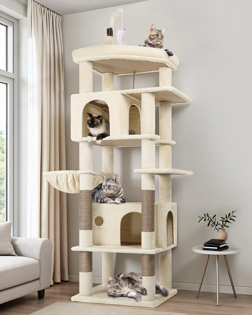 Globlazer Árbol Rascador para Gatos Beige Grande 188 cm Alto con 2 Nidos, Grande Plataforma Acolchada, Felpa Cesta, Peluche Juguetes, Estable Torre para Gatos Adultos Descansar Jugar (F74B, Beige)