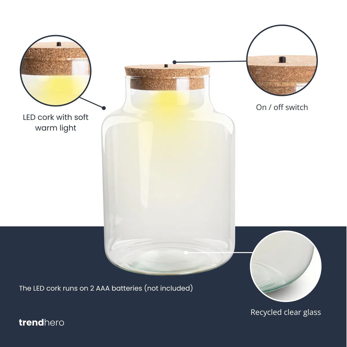 Terrario botella de cristal cerrada con corcho e iluminación LED – Altura 24,5 cm Ø17 cm – Terrario decorativo para plantas de vidrio reciclado