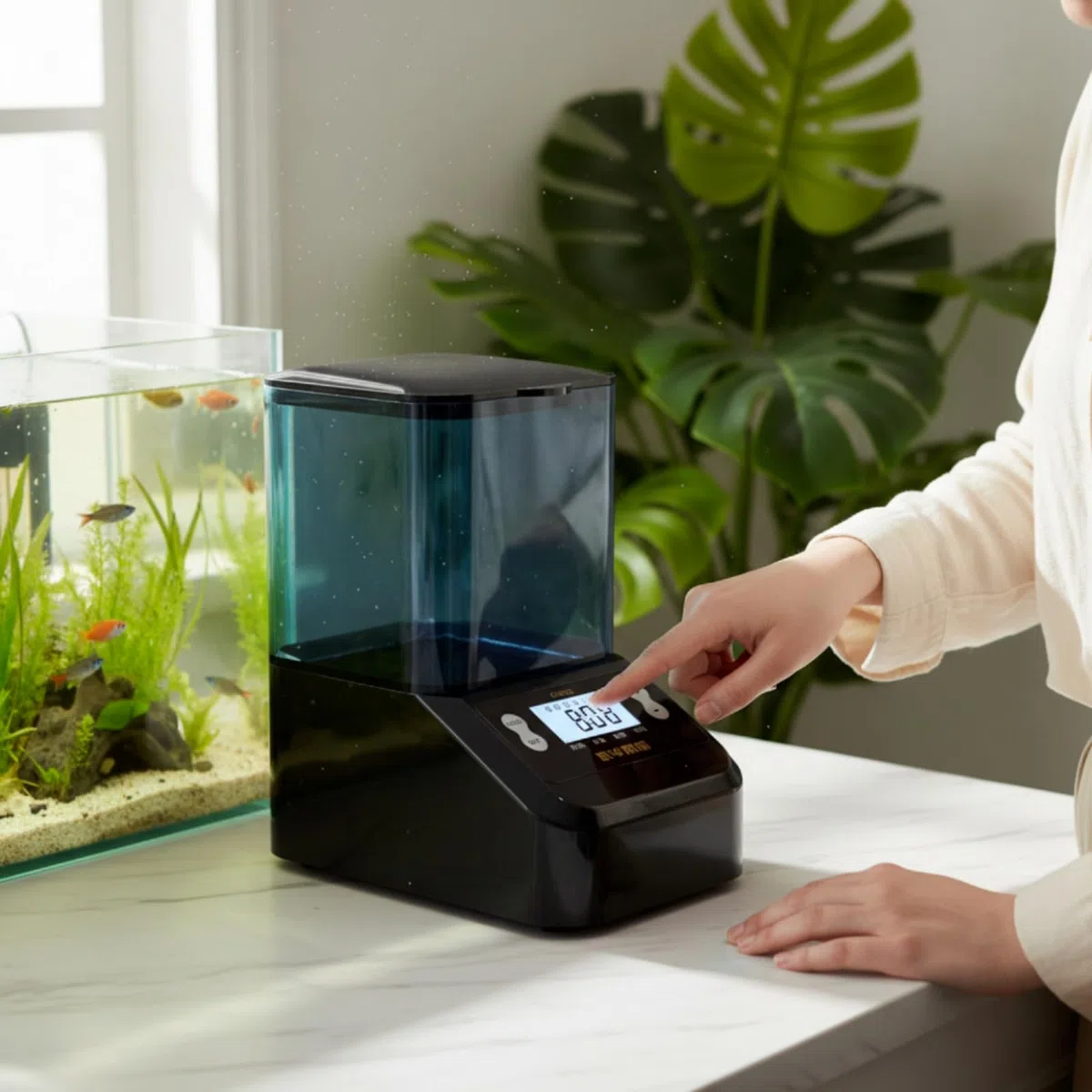 Alimentador Automático Peces Programable Alimentador Peces con Tolva Transparente Ajustable para s, Negro
