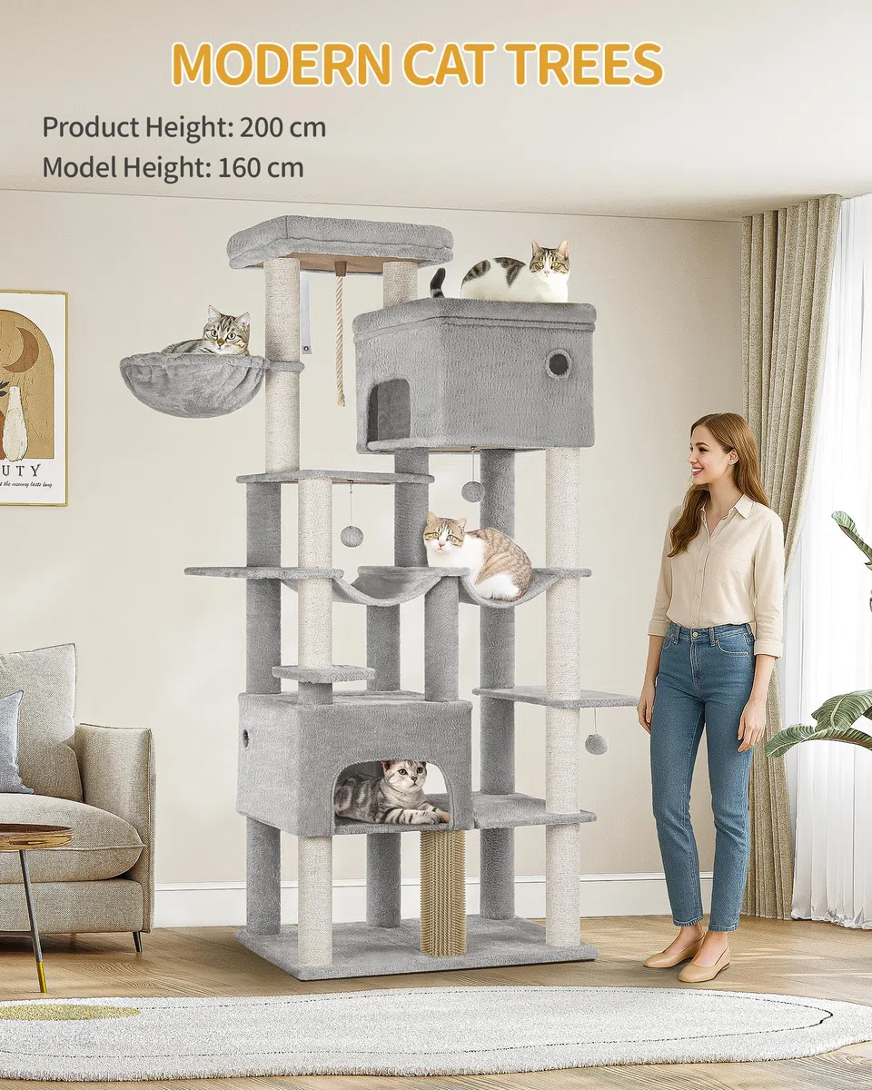 Hzuaneri Árbol de Gato 200 cm XXL, Rascador con 2 Casitas y 10 Sisal, Torre Resistente para Gatos Grandes Maine Coon, Incluye 2 Hamacas, Gris Claro MS20018LG