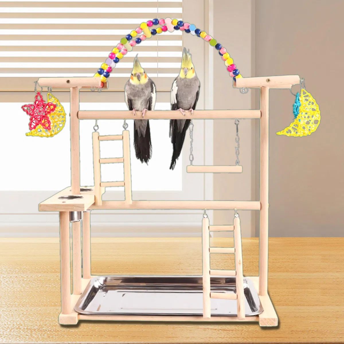 Parrots Bird Gym - Juego de soporte de madera para periquitos, periquitos, periquitos, juguete para pájaros pequeños