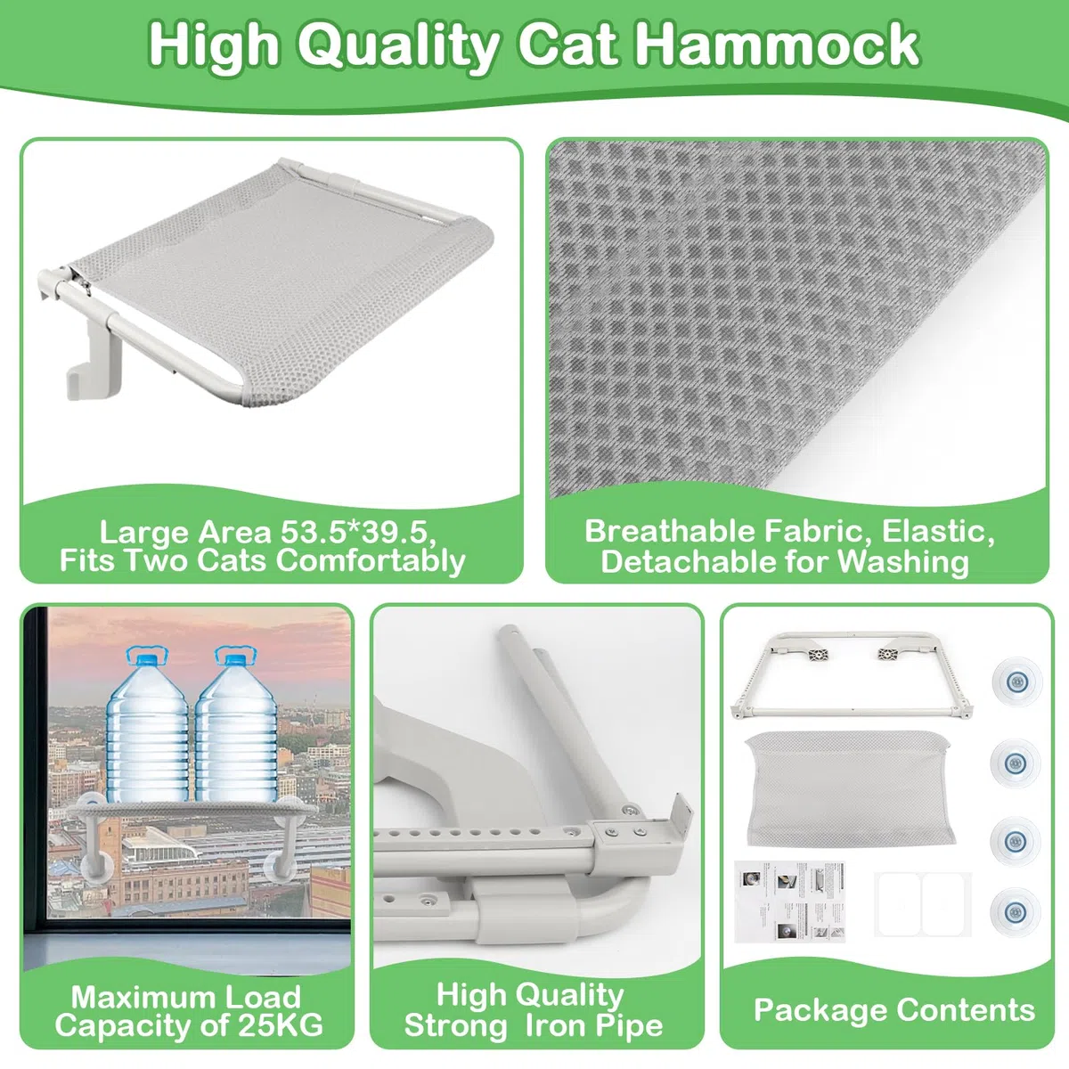 2 en 1 Hamaca Gatos Ventana Plegable Soporta hasta 25 kg Cama Gatos Ventana con Ventosas y Ganchos 53.5x39.5 cm Hamaca Ventana Gato para Interior Exterior, Fácil Instalación - Gris