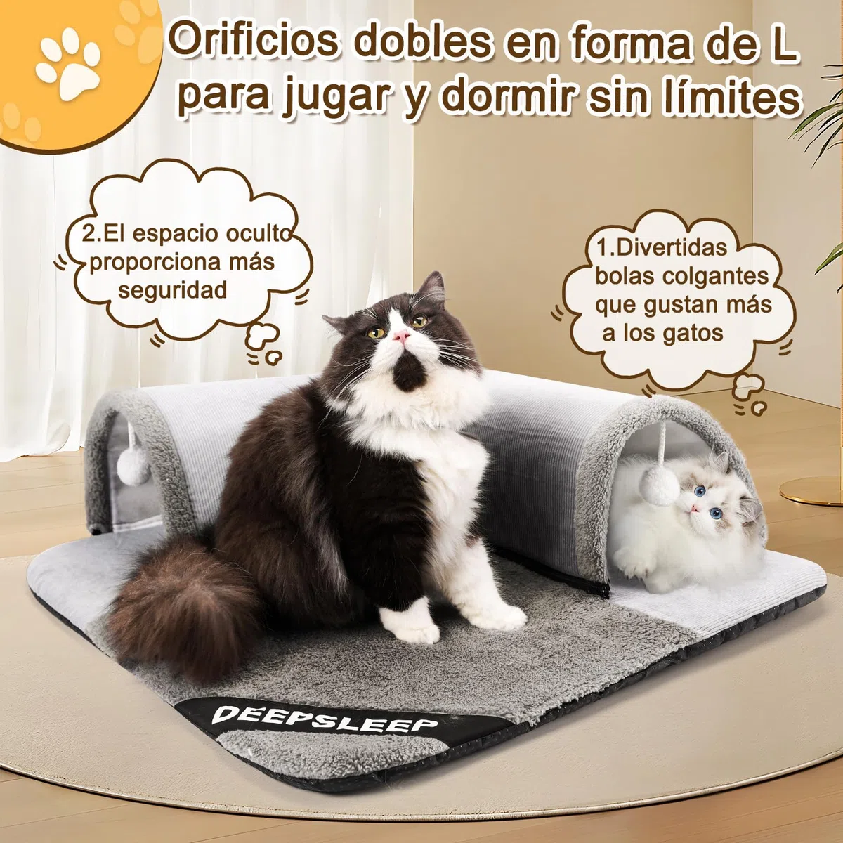 Túnel para gatos, túnel de felpa, túnel para gatos de interior, grande, 70 x 70 cm