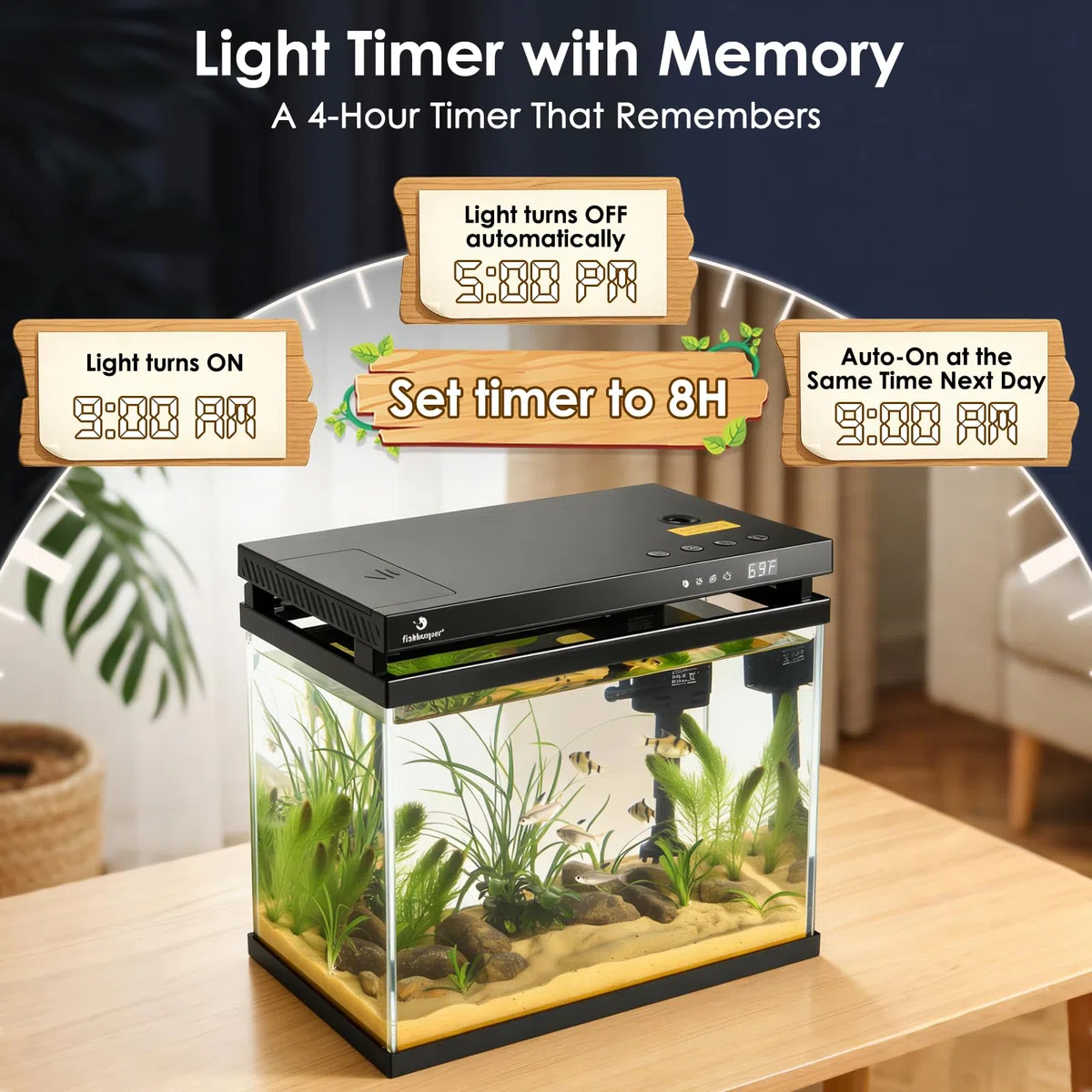 fishkeeper Acuario inteligente de 2.3 G, kit de pecera de vidrio HD con alimentador automático, bomba de filtro silencioso autolimpiable, aromaterapia, visualización de temperatura y luces RGB de 7