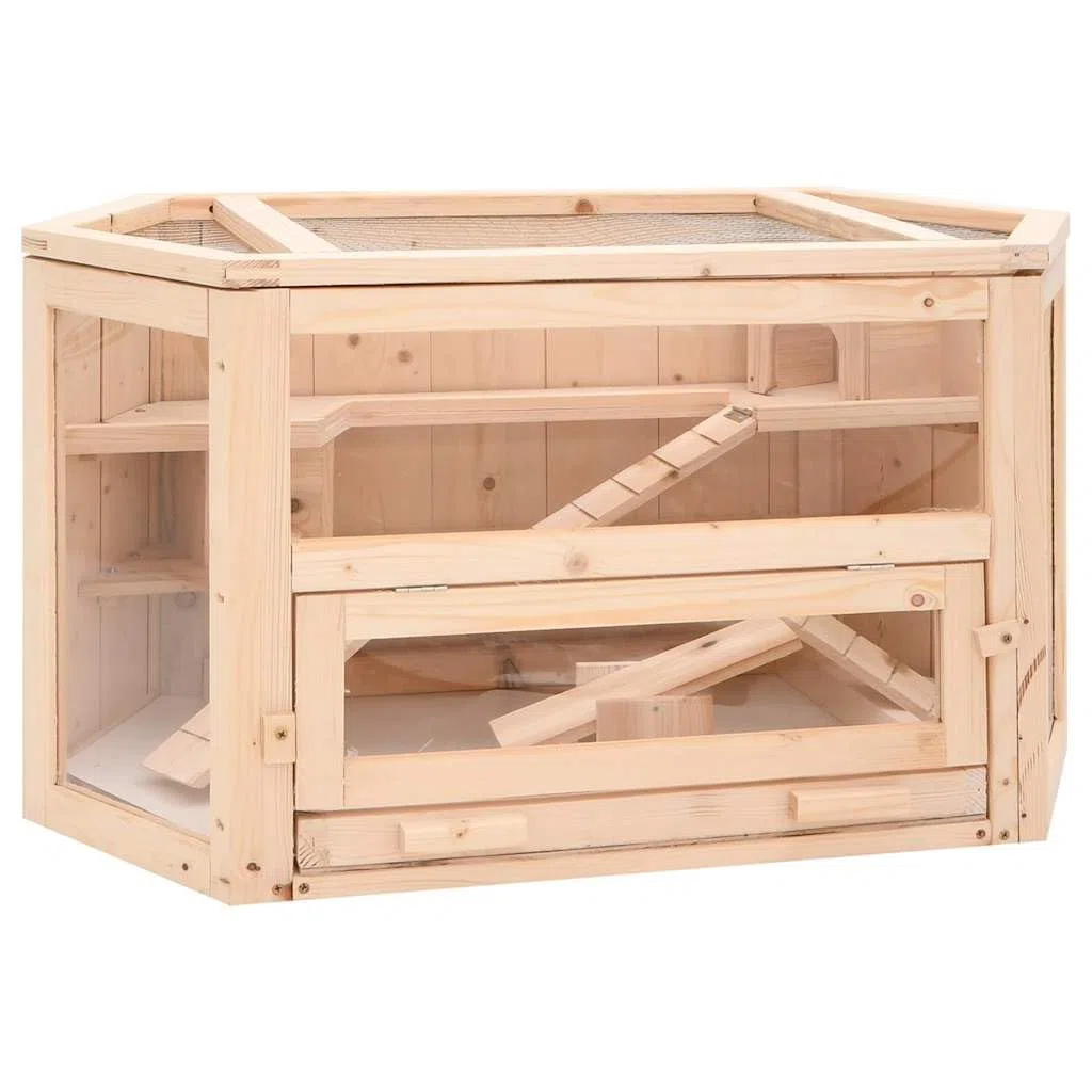 Jaula para hámster de madera, 80 x 40 x 43 cm, madera de abeto | Casa de roedores para sala de estar con panel frontal acrílico para observación y bañera extraíble para una fácil limpieza.