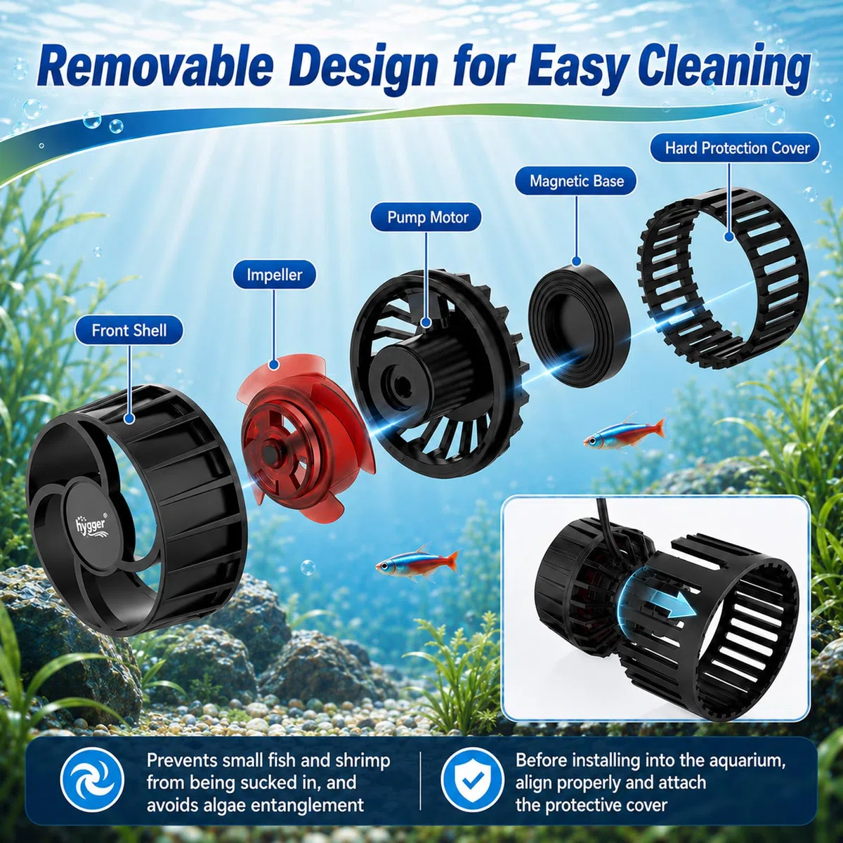 Wavemaker Bomba de flujo para acuario, 6 W, bomba de onda DC con 3000 l/h y 10 niveles, bomba de circulación magnética con 4 modos para depósito de peces de 15 – 189 L, para agua dulce y agua salada