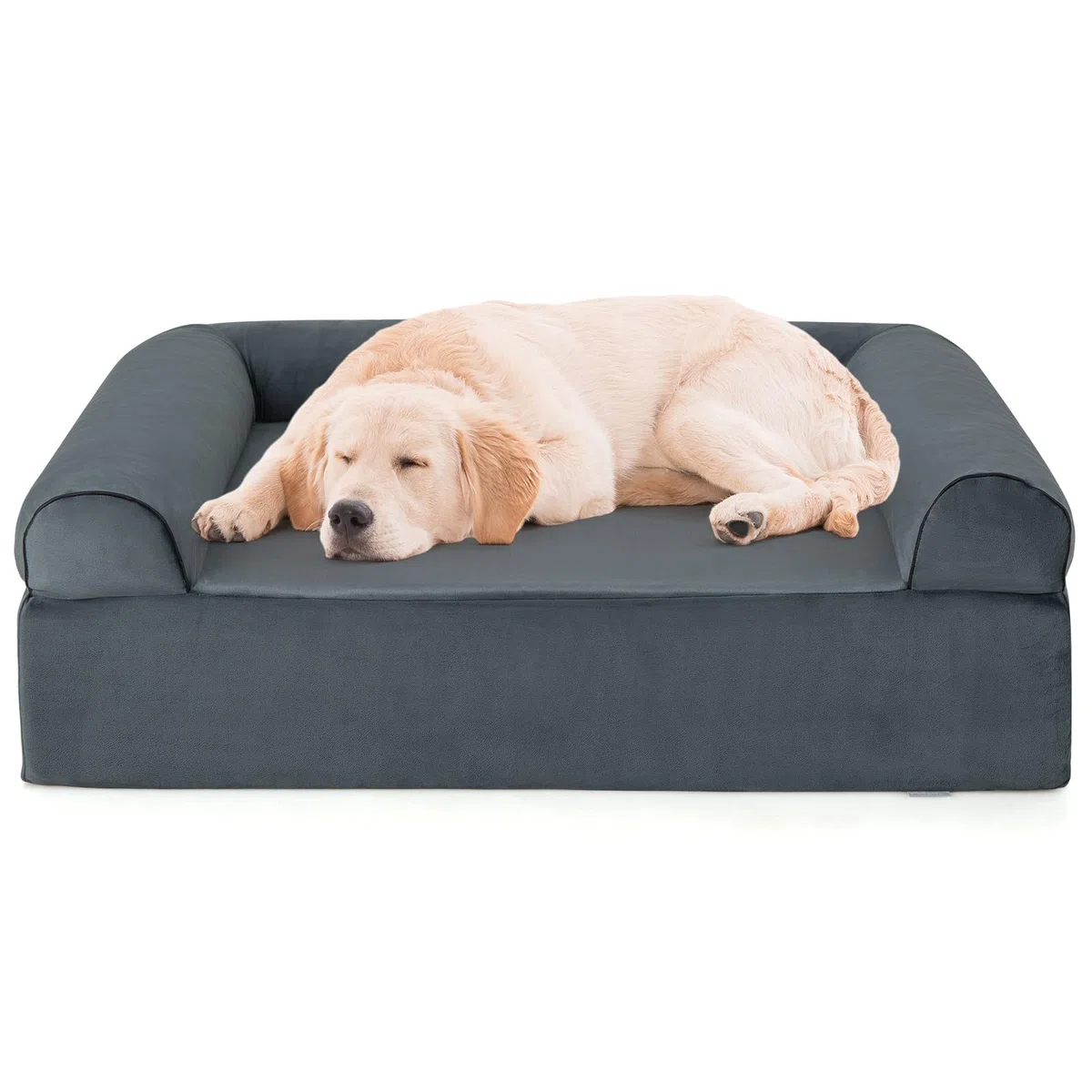 GOPLUS Cama Ortopédica para Perros Grandes, Cama de Espuma Viscoelástica con Reposacabezas Extraíbles, Funda Desmontable Lavable, Sofá de Gel Refrescante con Base Antideslizante para Mascotas, Gris