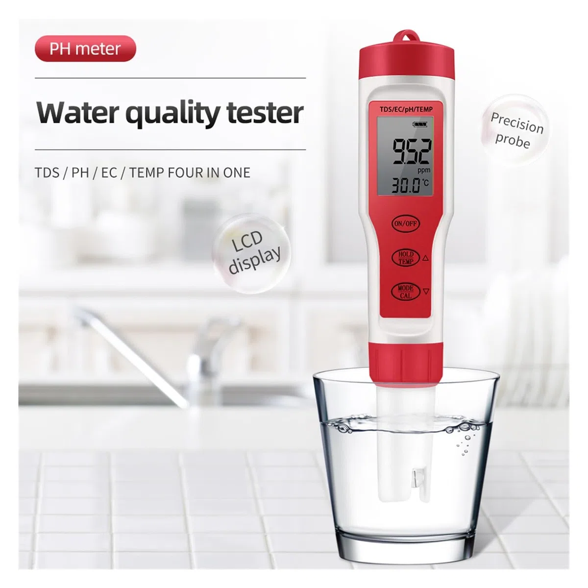 Medidor de TDS, Medidor de PH 4 en 1 PH/TDS/EC/medidor de Temperatura Monitor Digital de Calidad del Agua probador for Piscinas acuarios de Agua Potable(TDS PH Temp Tester)