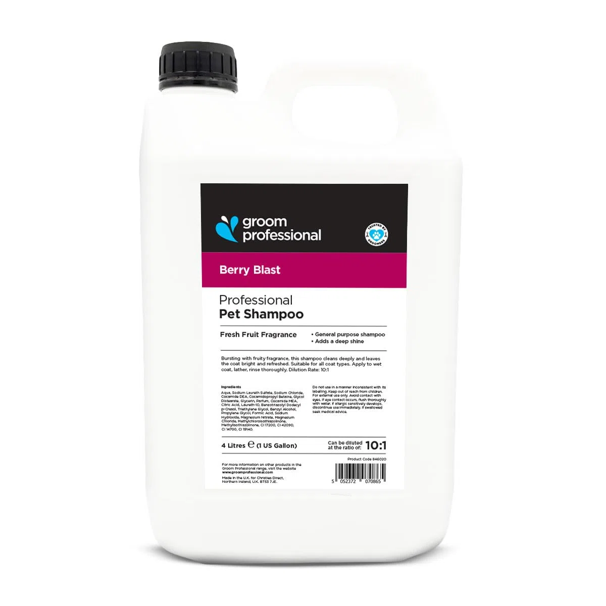 Groom Professional Champú para perros Berry Blast (4 L) – Salón concentrado 10:1 con extractos naturales de bayas, limpieza suave, hidrata, aroma a fruta de larga duración, Reino Unido