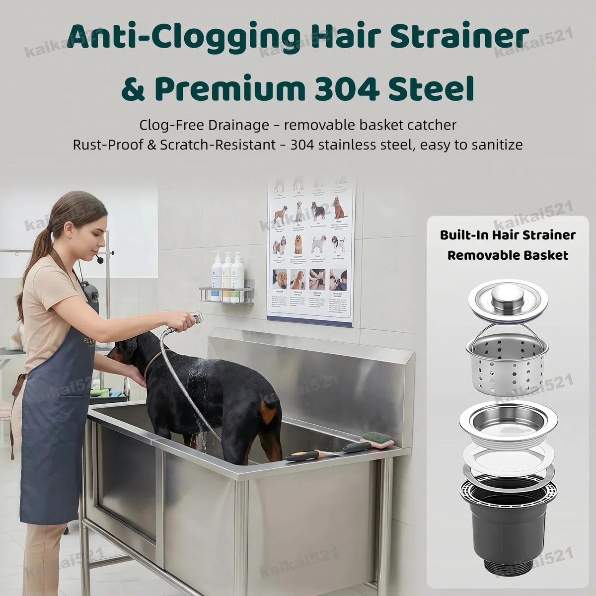Bañera Acero Inoxidable Profesional para Perros Grandes 100 kg (120cm) | Estación De Baño Profesional Acero Inoxidable Para Perros,Bañera Peluquería Canina Longitud Mascota Alfombra Antideslizante