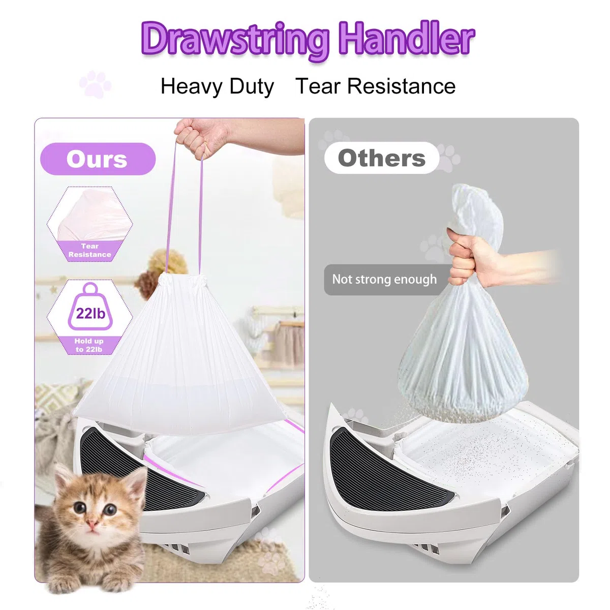 Elzrghs Paquete de 100 bolsas de basura con cordón para gatos compatibles con Litter-Robot 3/4, bolsas de basura resistentes para autolimpieza automática de caja de arena