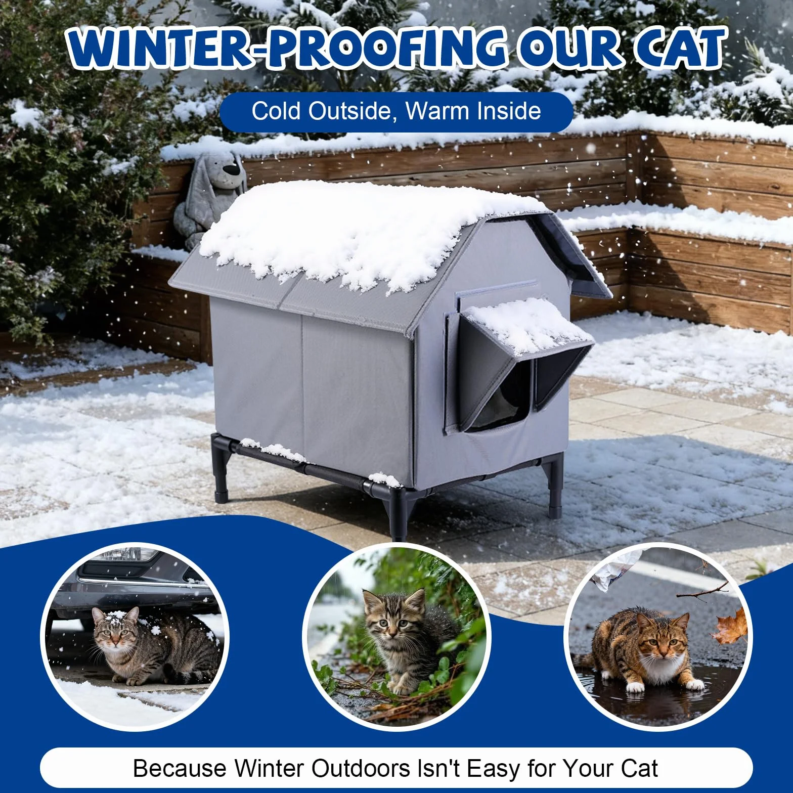 Casa para gatos al aire libre, casa para gatos impermeable al aire libre, refugio grande para gatos, casa para mascotas con base elevada, refugio para gatos salvajes, tienda de campaña aislada para