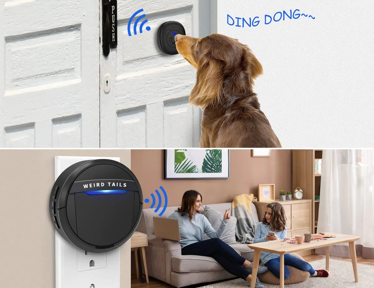 Timbre inalámbrico, Campanas de Perro para Entrenamiento de Orinal IP55 Impermeable Timbre de Puerta Que Funciona a 950 pies con 55 melodías 5 Niveles de Volumen Flash LED