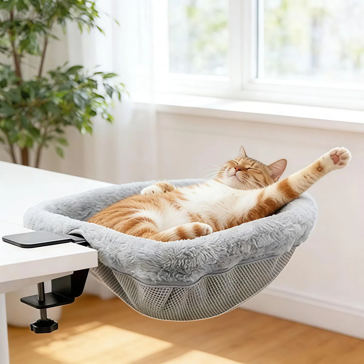 Hamaca para Gatos de Escritorio Plegable, Cama de Escritorio para Gatos con Abrazadera Estable, Fácil de Limpiar, Capacidad de Carga hasta 18 kg