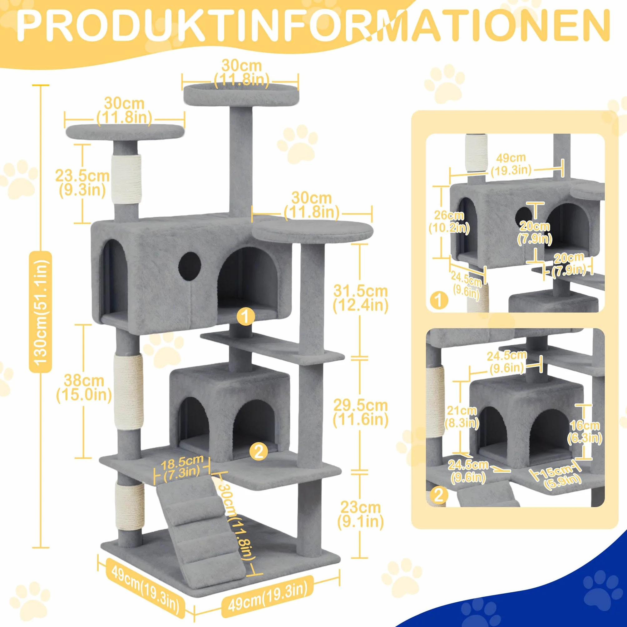 NAIZY Rascador grande para gatos, 49 x 49 x 130 cm, XXL, con columnas de sisal y cueva para gatos, antideslizante, gris K1254