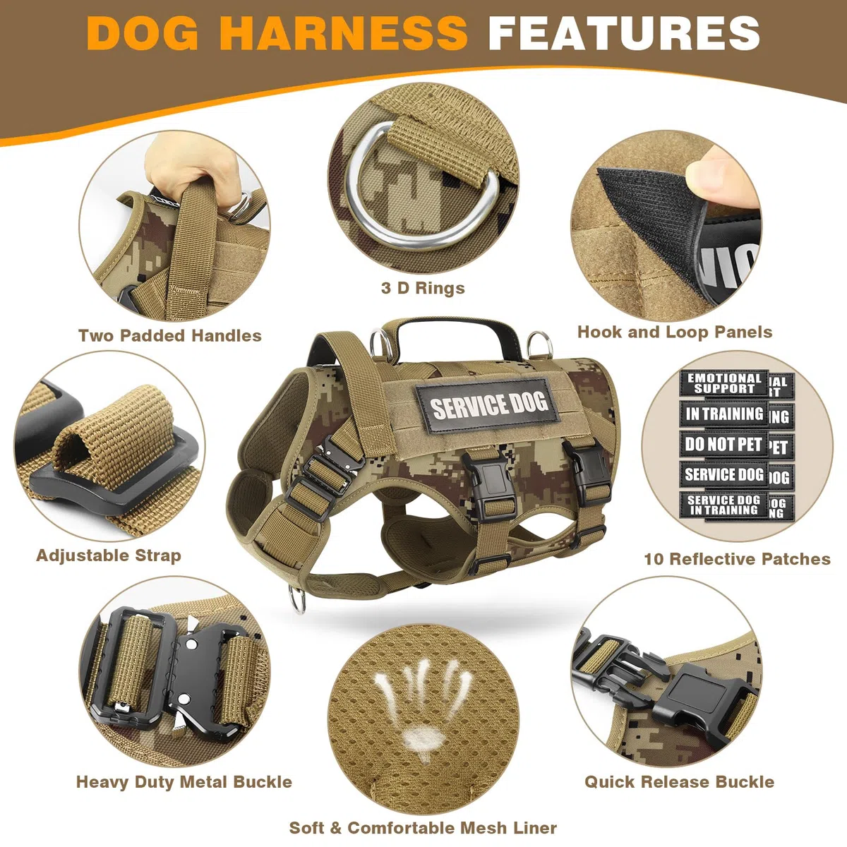 WINSEE Arnés táctico para Perro con Correa para Perro, Chaleco MOLLE de Trabajo de Servicio con 10 Parches para Mascotas, arnés Militar sin tirones y Mochila para Entrenamiento, Caza y Caminata