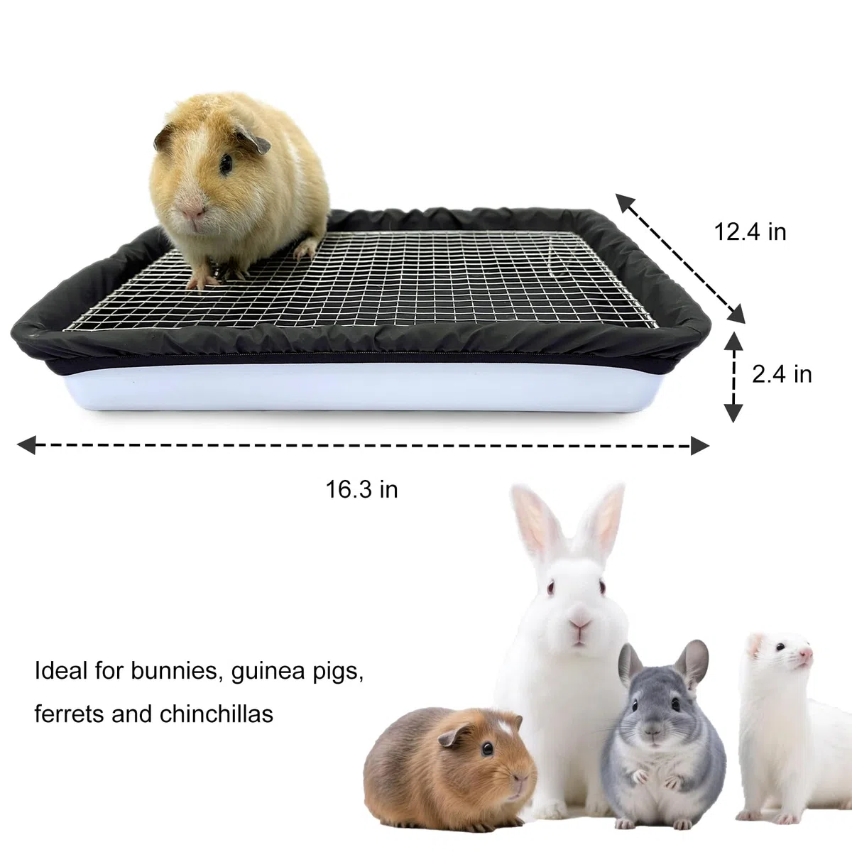 DOZZOPET Caja de arena para conejillos de indias con rejilla de acero inoxidable y 2 forros impermeables reutilizables, bandeja para orinal de animales pequeños para conejo enano, hurón, chinchilla