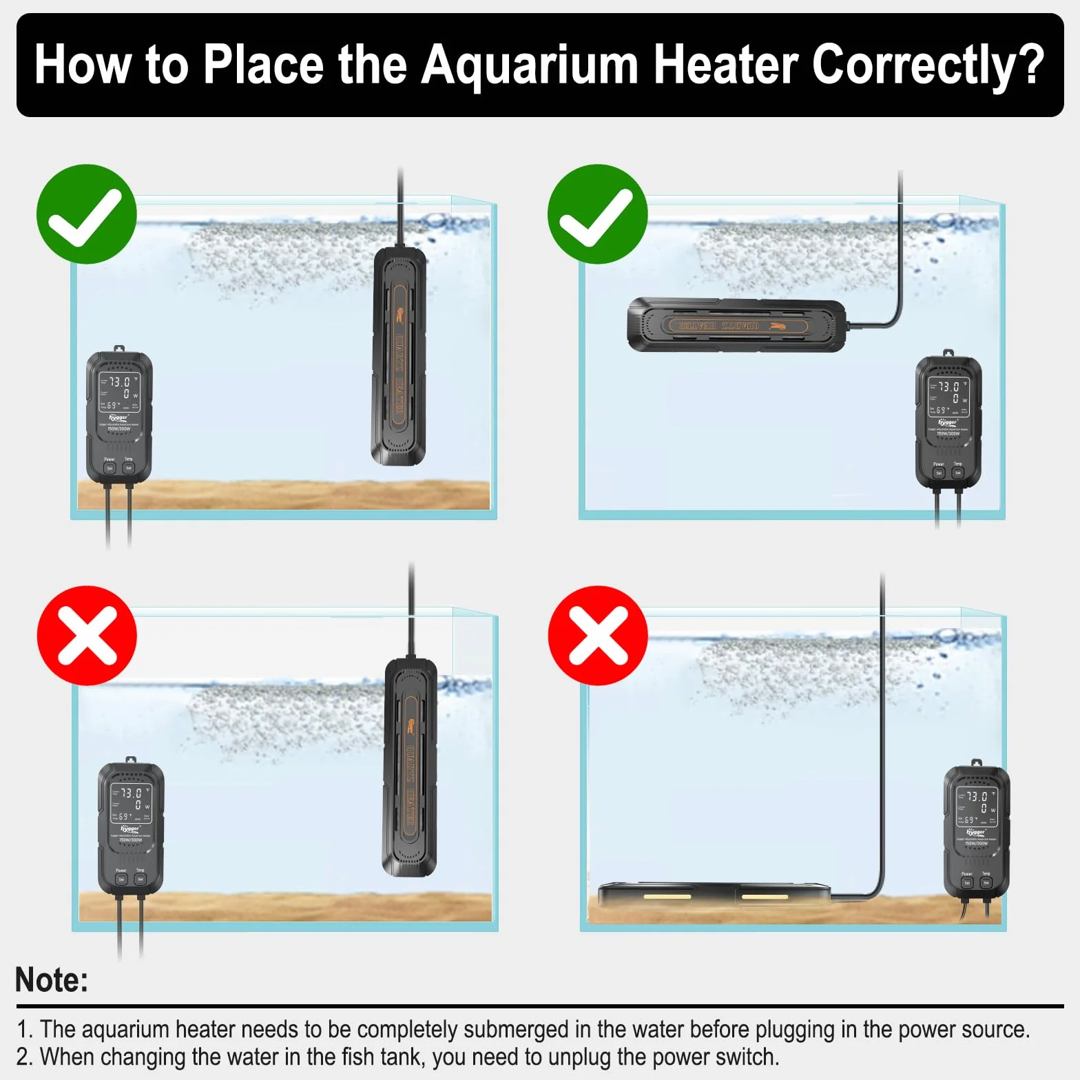 Hygger Calentador Acuario para Pecera Potencia Regulable 500W/1000W,Calefacción para Acuario Sumergible Calentador con Controlador Digital de Agua Dulce y Aalada de 400-800 litros