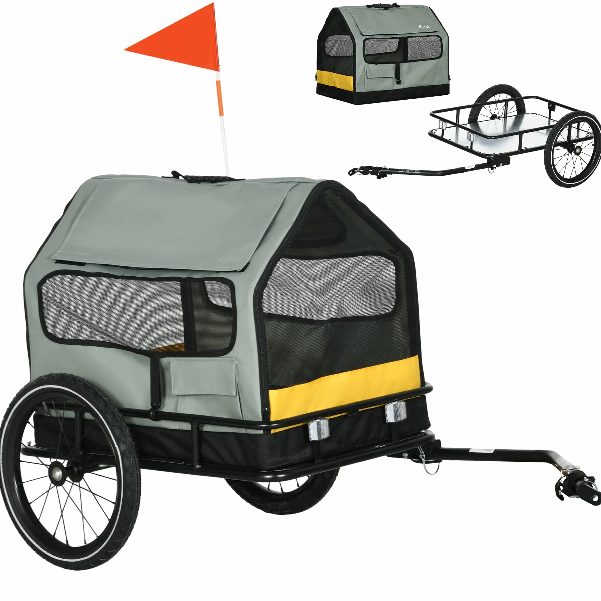 PawHut 3-en-1 remolque del perro casa de mascotas, remolque de carga remolque de bicicleta de perro, cochecito de perro con reflectores para perros pequeños de hasta 10 kg, Oxford, gris