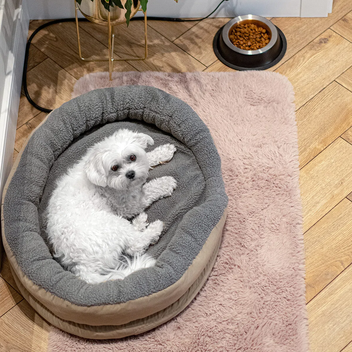Camry CR7431 Cama para Perros y Gatos eléctrica calefactora Redonda 76x58cm, calefación para Mascotas, Lana sintética Suave, 18W, Blanco/Marrón