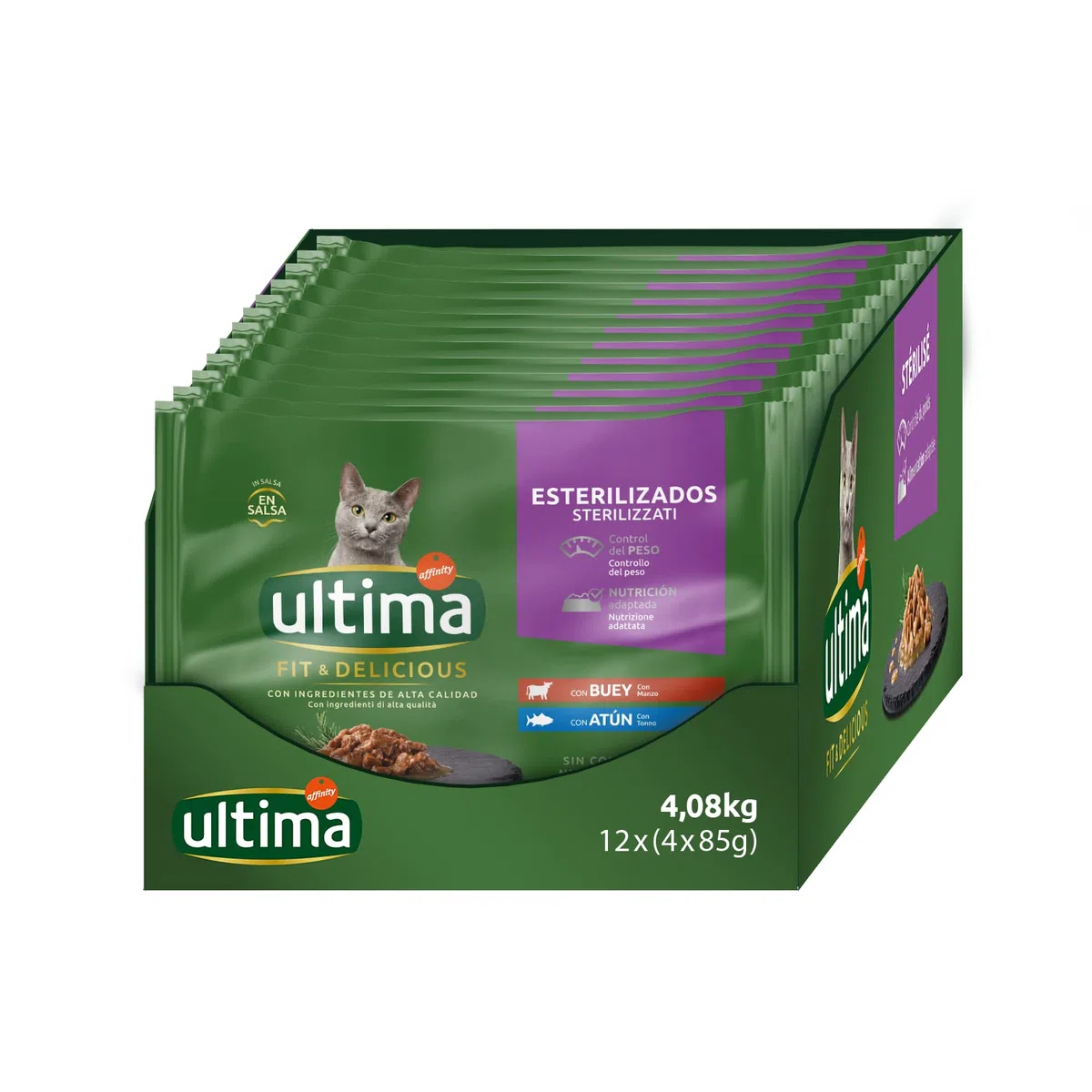Ultima Comida Húmeda para Gatos con Buey y Atún, 12 x (4 x 85 gr), 4080g & Pienso para Gatos Esterilizados Adultos con Salmón 4 x 1.5 kg