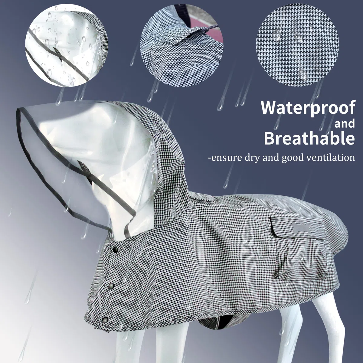 Impermeable para Perro, Ajustable, Reflectante, Ligero, Ropa de Lluvia para Mascotas con Capucha Poncho (M, Negro y Blanco)