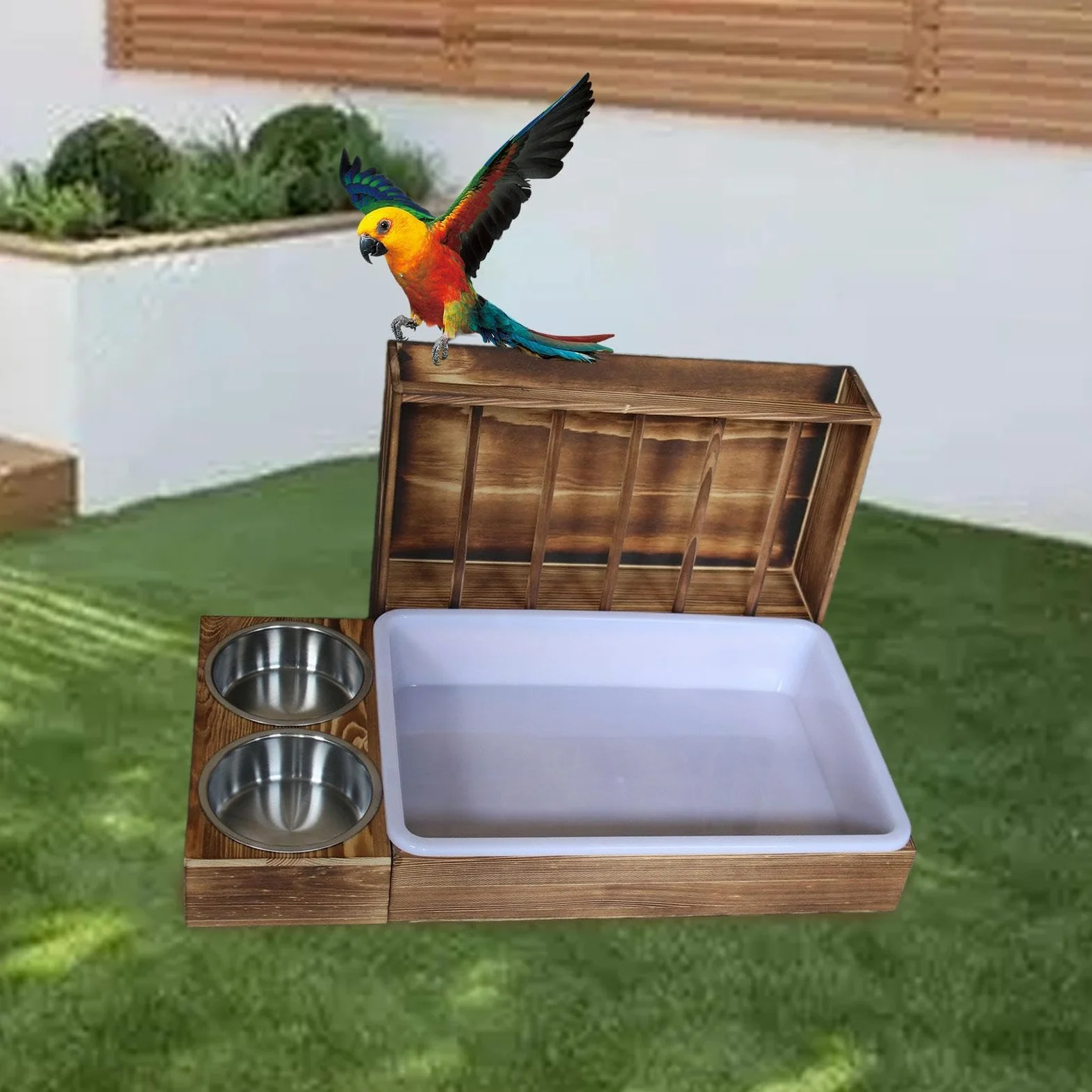 Comedero para conejos de madera con bandeja de arena para gatos, cuencos, bandeja de agua para chinchillas, bandeja de arena para gatos, comedero para heno