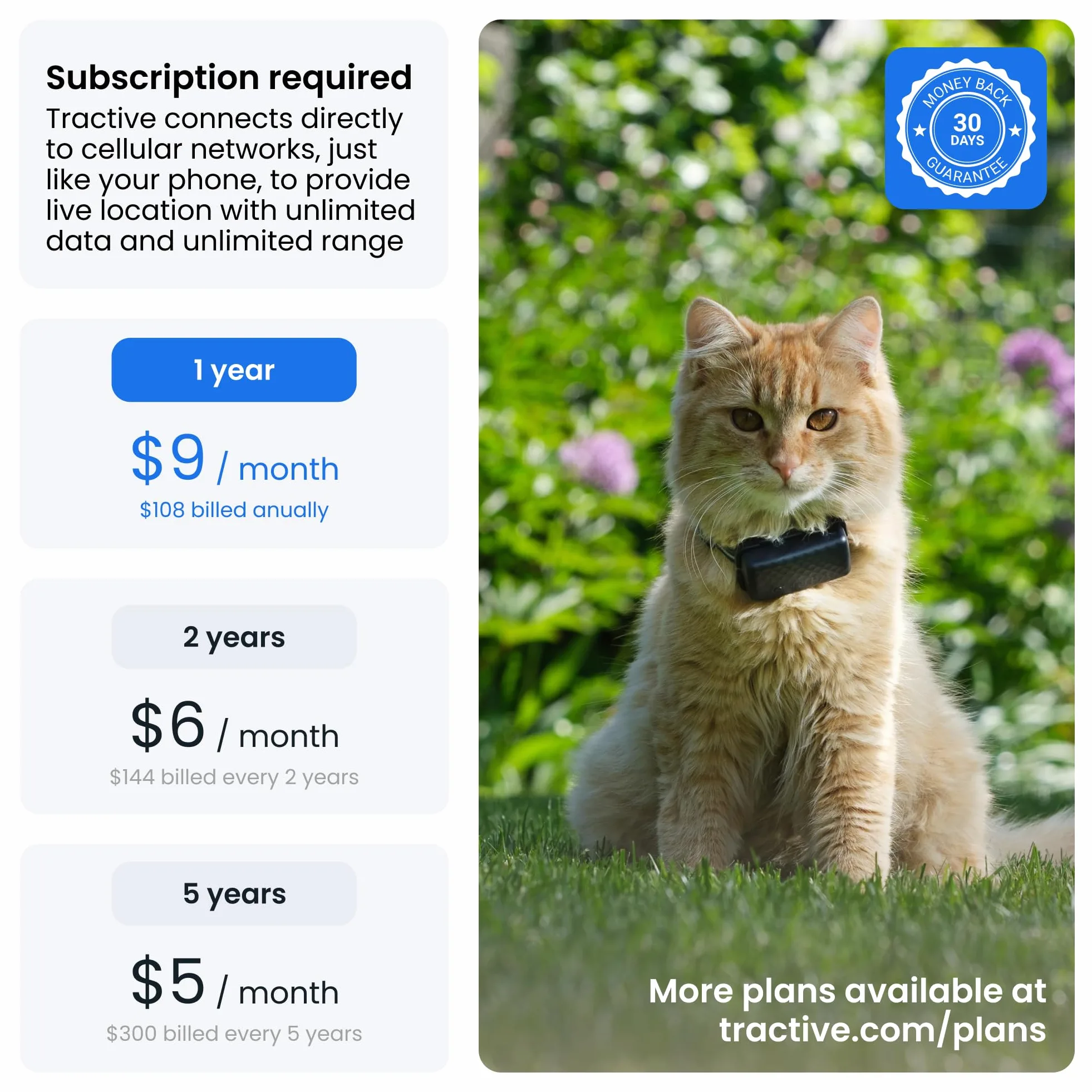 Tractive Rastreador GPS y monitoreo de salud para gatos (6.5 libras +) – Rastreador de ubicación GPS para mascotas líder en el mercado | Alertas de bienestar y escape | Impermeable | Funciona con