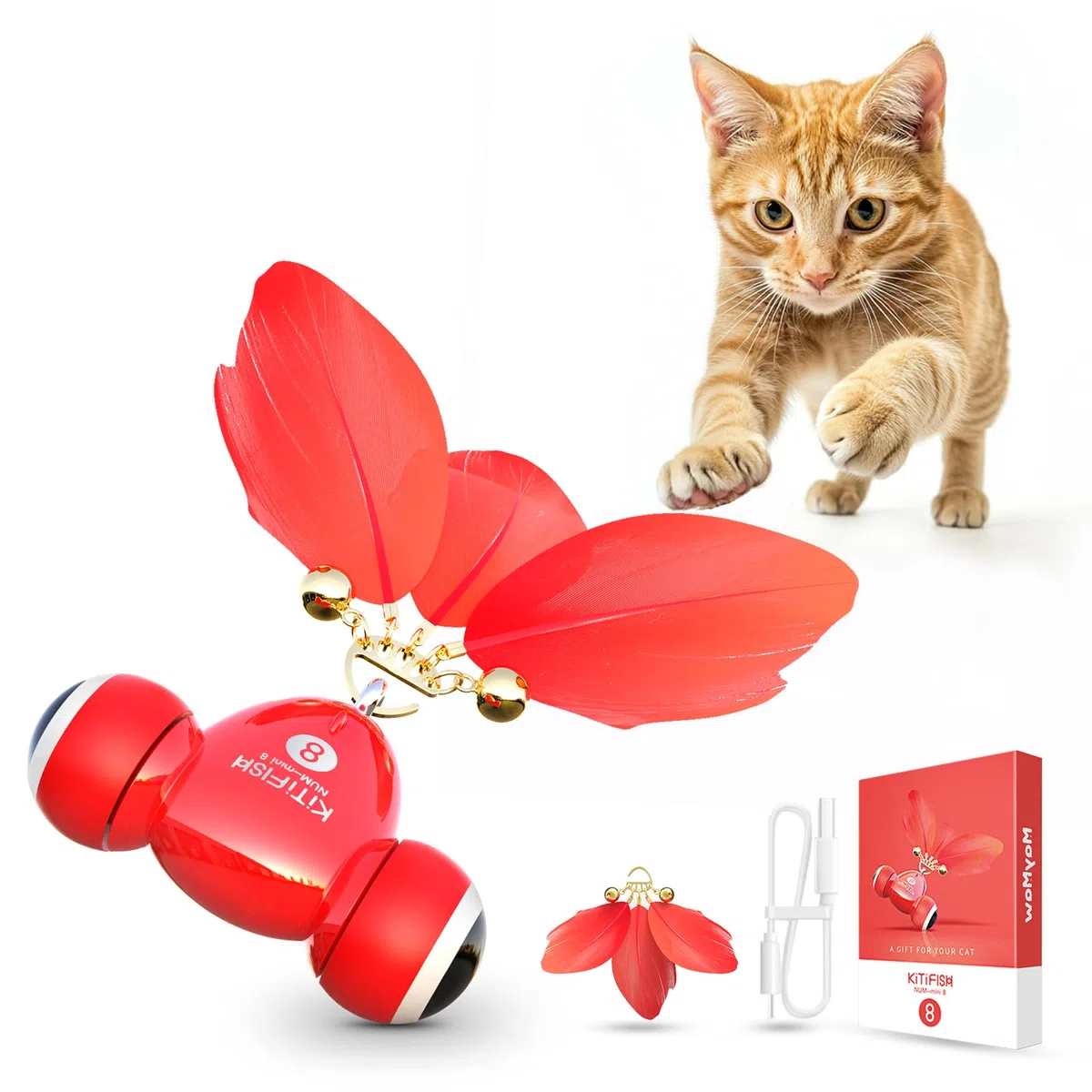 Kitifish - Juguetes automáticos para gatos de interior, juguetes interactivos de plumas para gatos con pluma y campana, juguete eléctrico inteligente para gatitos, juguetes de kitifish