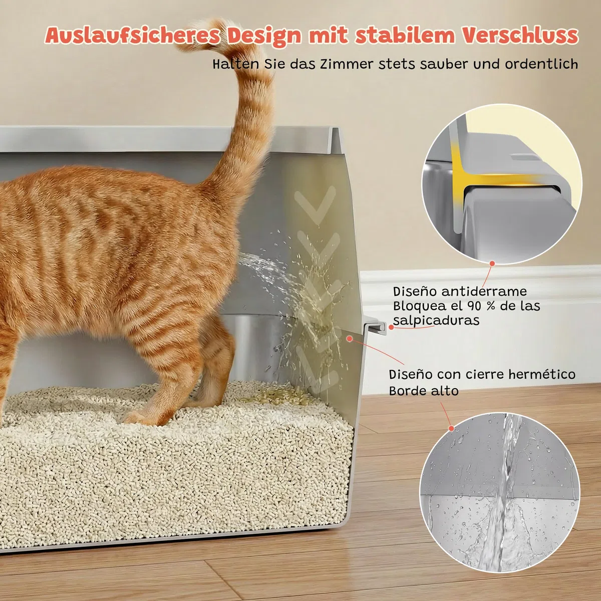 Arenero Gato Acero Inoxidable, XXL Arenero Gato Grande con Bordes Altos & Entrada Baja, Caja Arena para Gatos sin Tapa, Antiderrames Antifugas con Cierre a Presión, con Rejilla,Tapete