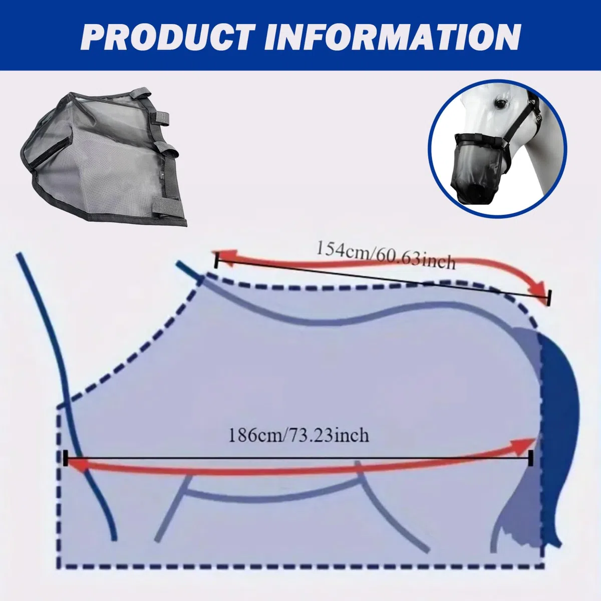 Manta antimoscas para Caballos Manta antimoscas de Malla Ajustable con Protector Nasal Transpirable protección contra Insectos para el Verano para pastos y Exteriores Negro tamaño 187 cm