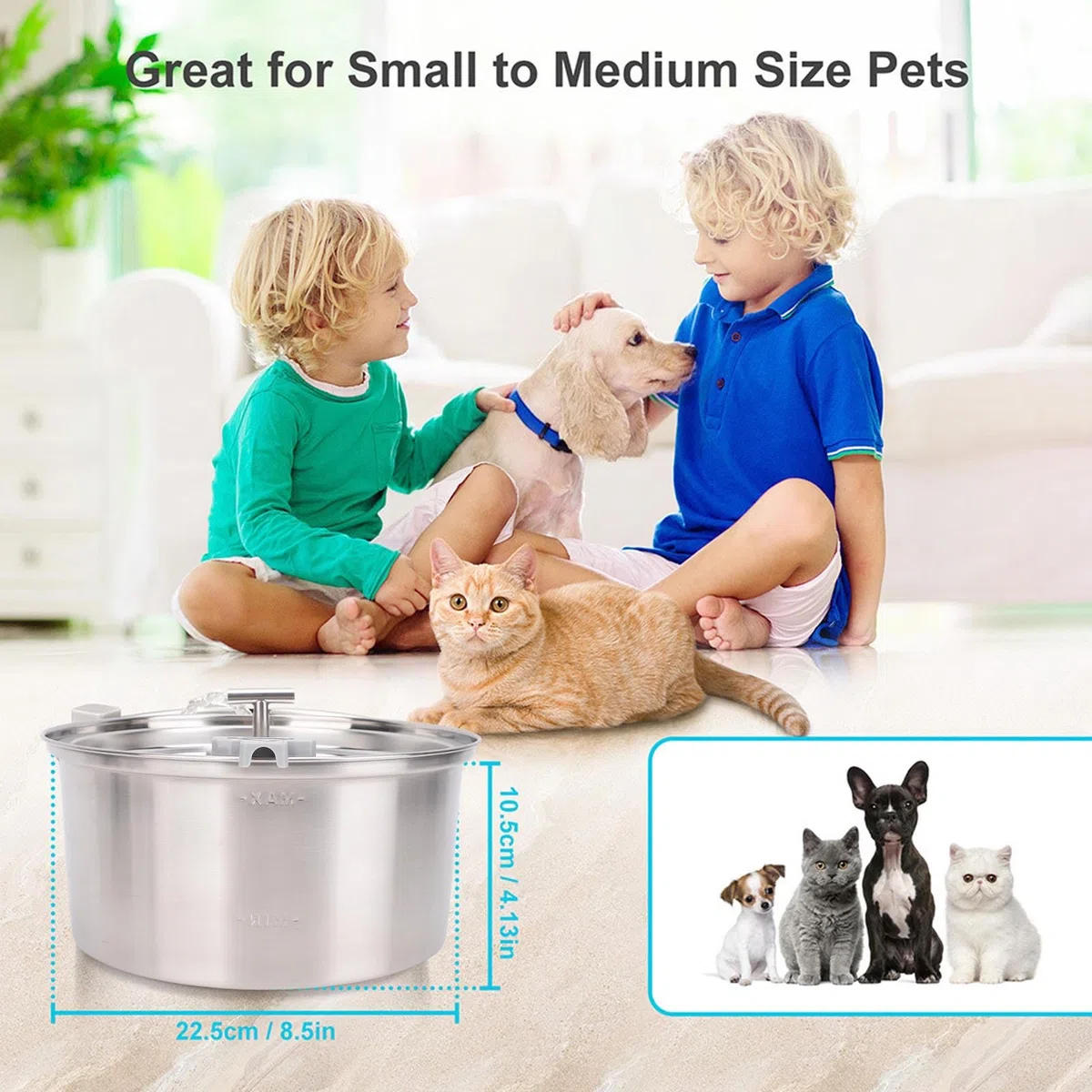 Fuente de Agua de Gato, Cuenco de Agua de Acero Inoxidable de 3.2L Fundina Tazón para Mascotas, Circulación Automática, para Perros Pequeños Gatitos Grandes