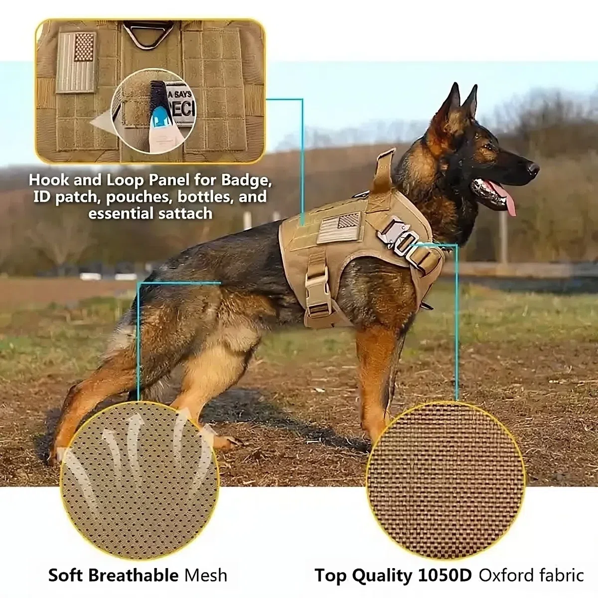 Special Force K9 - Arnés táctico para perros medianos y grandes con asa, arnés de seguridad ajustable acolchado (marrón, L)