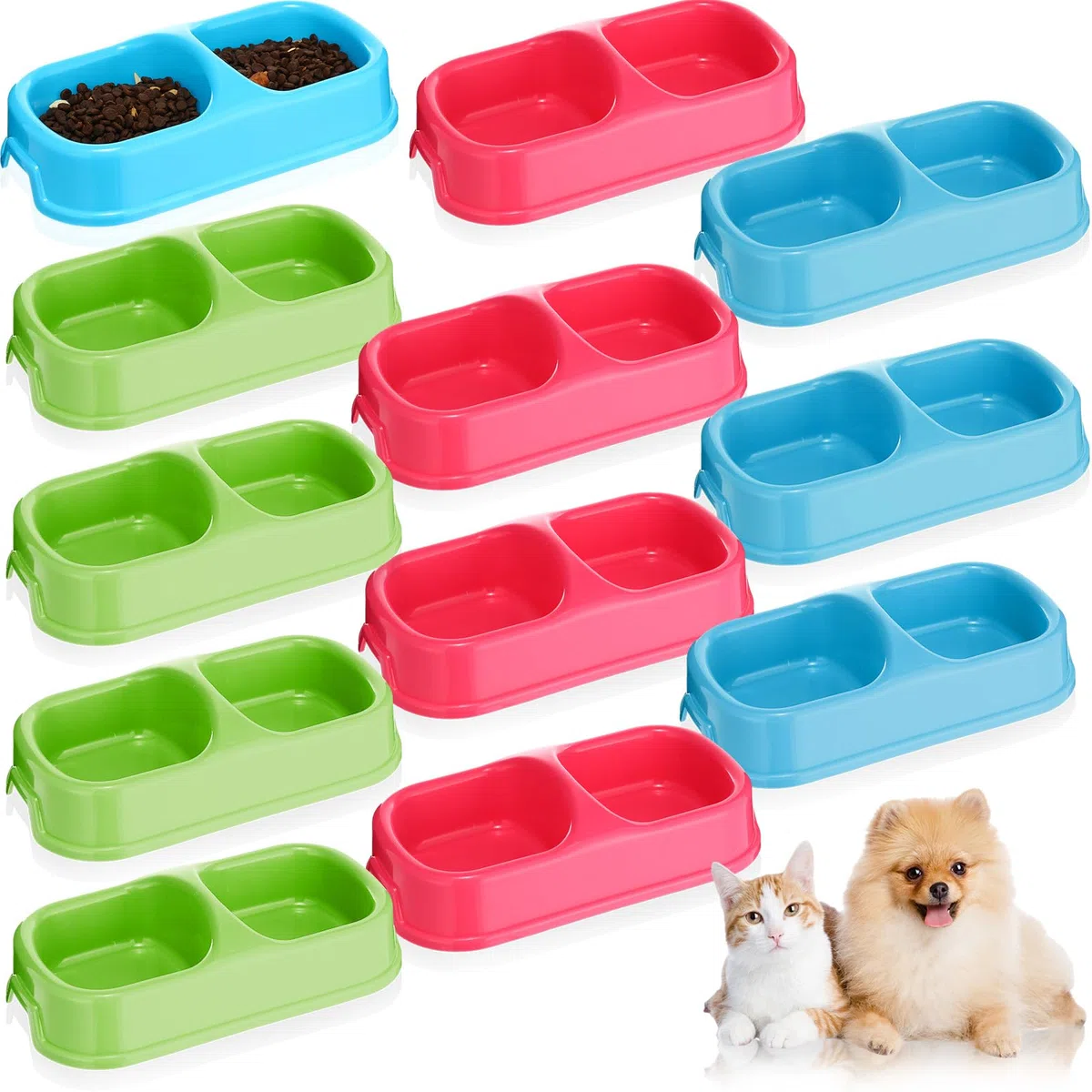 Hsei 12 platos dobles para comida de mascotas, cuenco de plástico para gatos, platos para perros, cuencos dobles para perros pequeños y medianos, gatos y cachorros, 3 colores surtidos