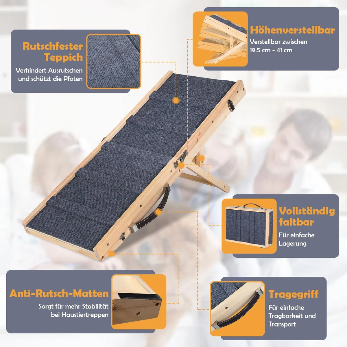 Rampa para perros y gatos, 4 alturas, 19,5-41 cm | Cama de madera de pino, sofá con doble cierre, antideslizante, plegable, 5 travesaños, 25 kg, gatos pequeños
