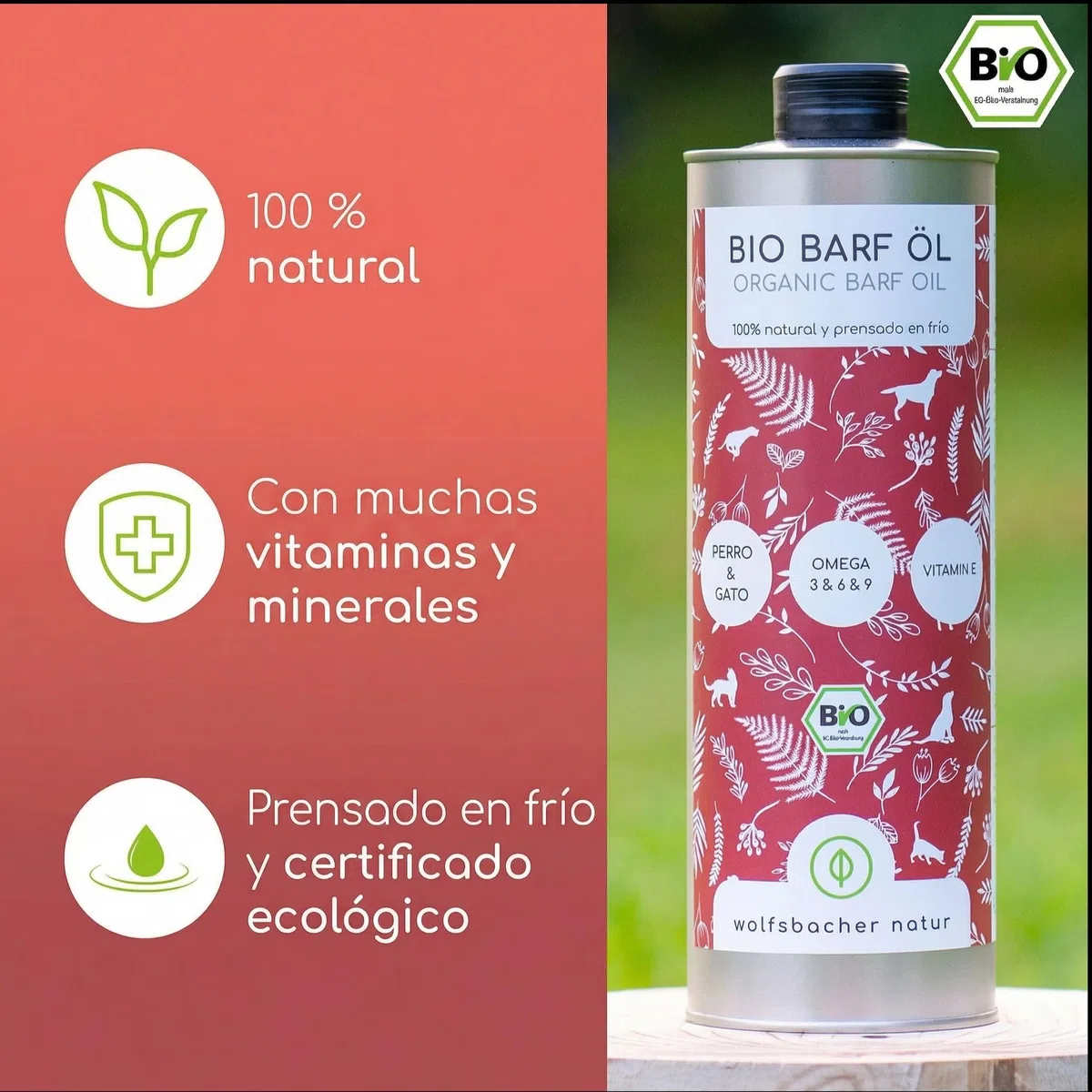 Aceite para Perros 1 litro – 100% Aceite Barf orgánico - Natural y Vegano - con Aceite de Lino, onagra, Oliva, Semillas de Calabaza, chía - con Omega 3-6-9, DE-ÖKO-060
