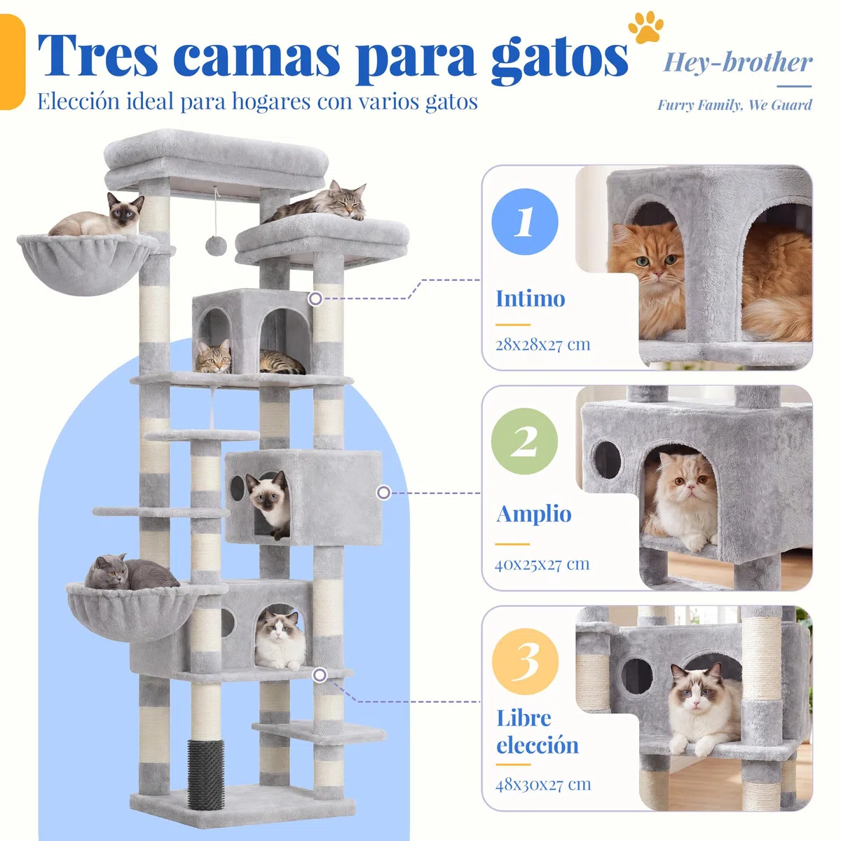 Hey-brother Árbol para Gatos Rascador XXL, Torre de Gatos Multi - Nivel de 188 cm de Altura,con 2 Grandes Plataformas, 3 Cuevas y 2 Cestas, Gris Claro 0EMPJ035-MW