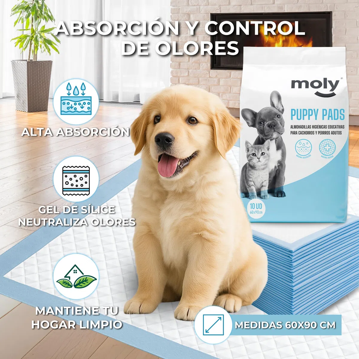MOLY 60 Empapadores para Perros 90 x 60 cm Desechables | X6 Pack 10 Almohadillas Higiénicas de Adiestramiento Desechables para Mascotas | Neutraliza Olor | Rápida Absorción