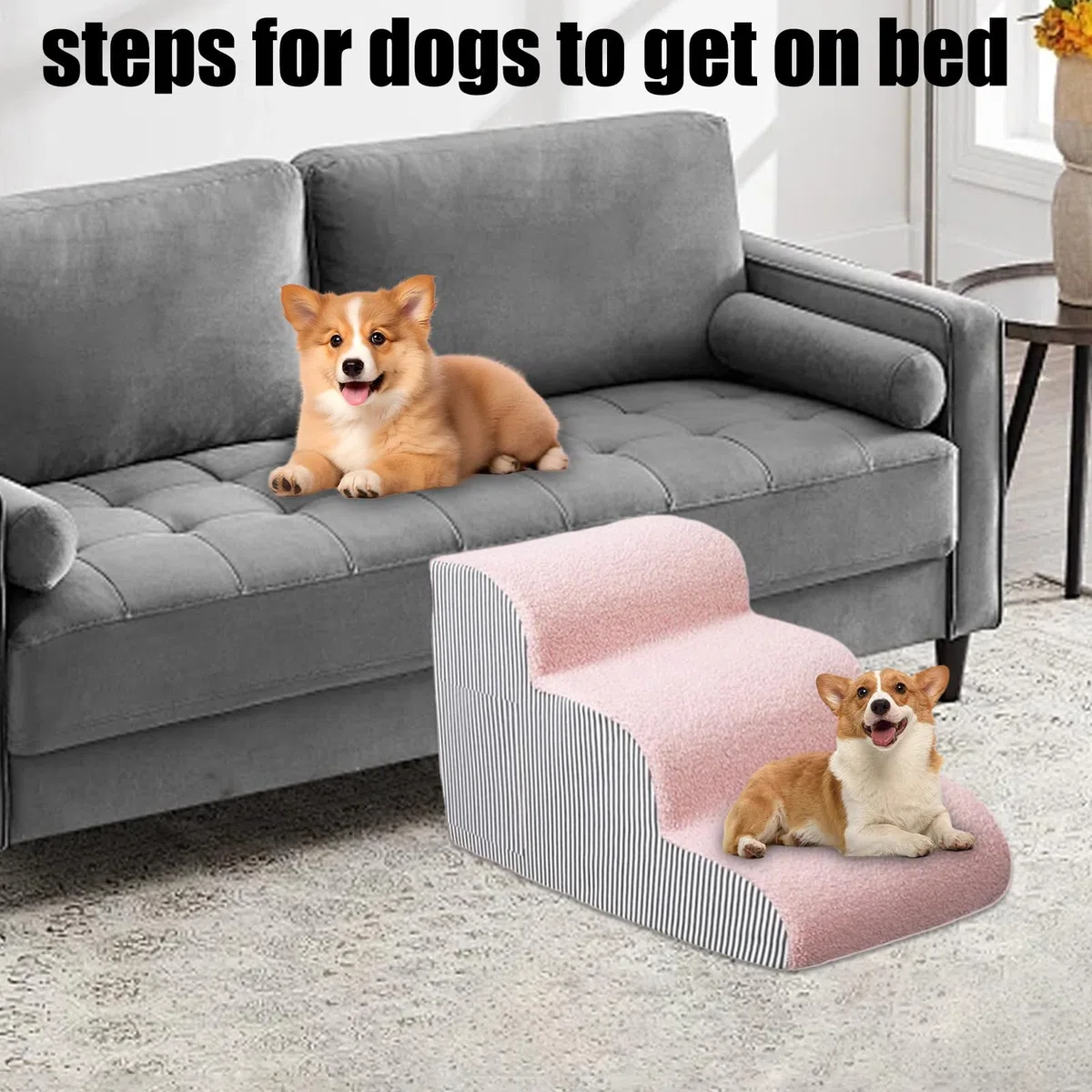 Escalones de perro para cama – Rampa de espuma de apoyo articular para mascotas mayores, gatos, diseño estético gris suave antideslizante, 40-72 cm de altura, 700 g a 1600 g de peso, fibra de esponja