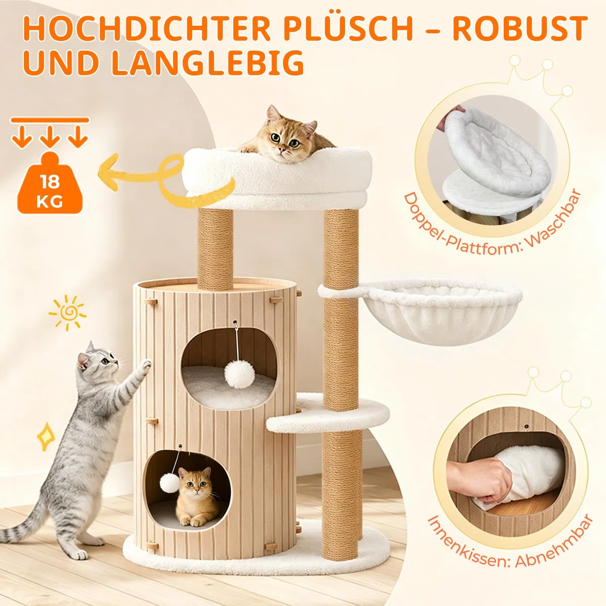 Árbol rascador de alta calidad con 2 barriles para gatos, árbol para gatos y plataformas grandes | Troncos de sisal, rampa rascadora, casa de gatos, bolas de peluche y cepillo para gatos grandes