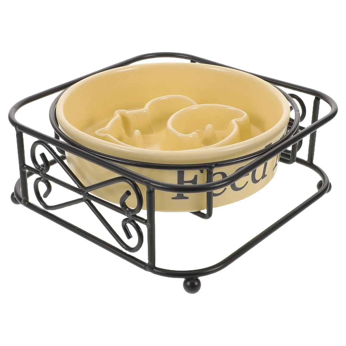 Comedero Lento Elevado para Perros y Gatos Pequeño de Cerámica Color Amarillo con Soporte Metálico Antideslizante para Alimentación Saludable y Control de Porciones