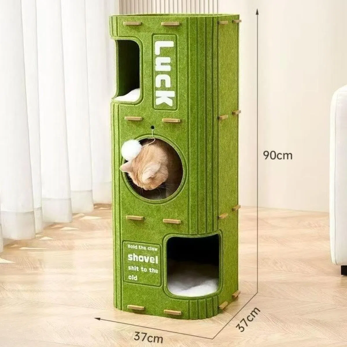 Cama Cueva para Gatos de 3 Pisos, para Gatos con Juguete Colgante en Forma de Bola, Cubierto, Condominio para Varios Gatos, Gat, Verde