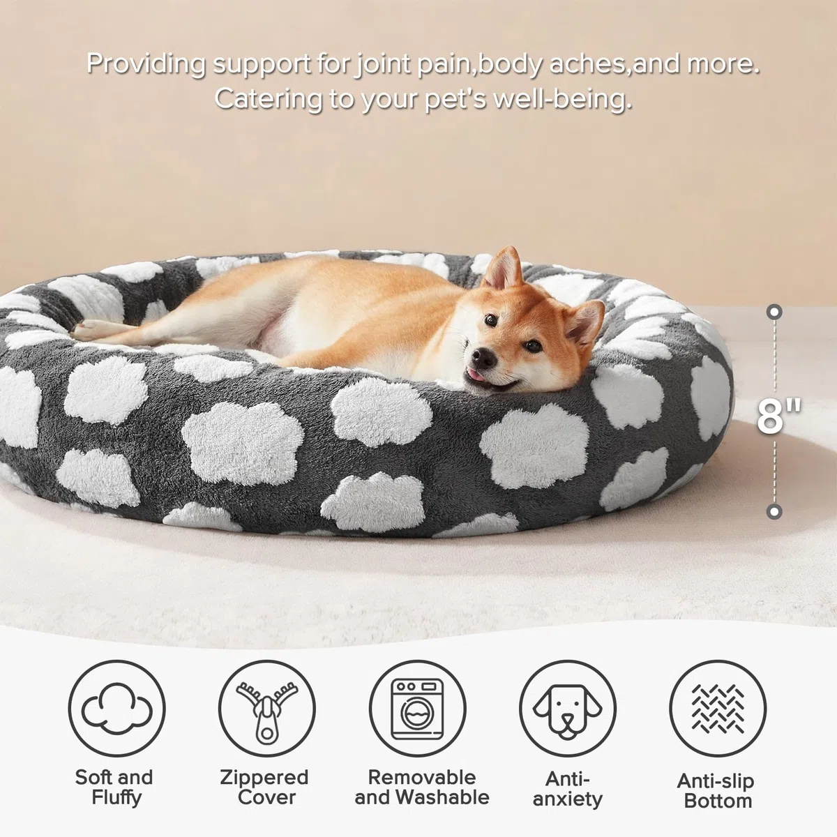JOEJOY Cama para perros de tamaño mediano, bonita cama redonda calmante para perros con funda extraíble lavable, camas ortopédicas para mascotas de 30 pulgadas con felpa lanuda jacquard y parte
