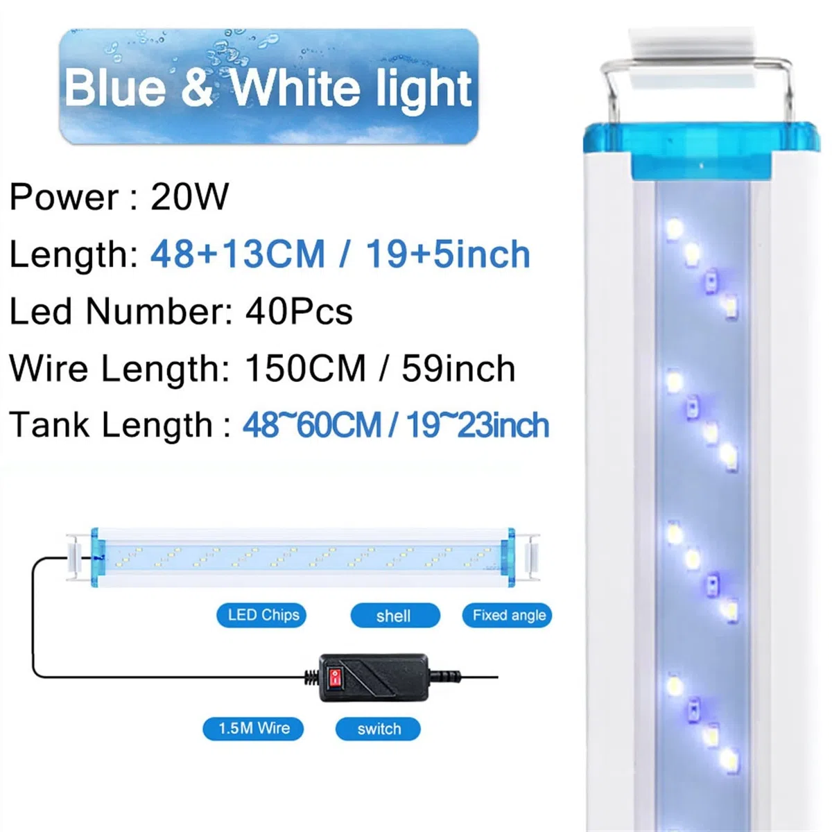 Luz para Piscina Super delgado Le Luz acuática de iluminación de acuario DS 18-7 5 cm Clip impermeable extensible en la lámpara for el tanque de peces ( 8W / 12W / 16W / 20W / 24W) Luces Sumergibles (