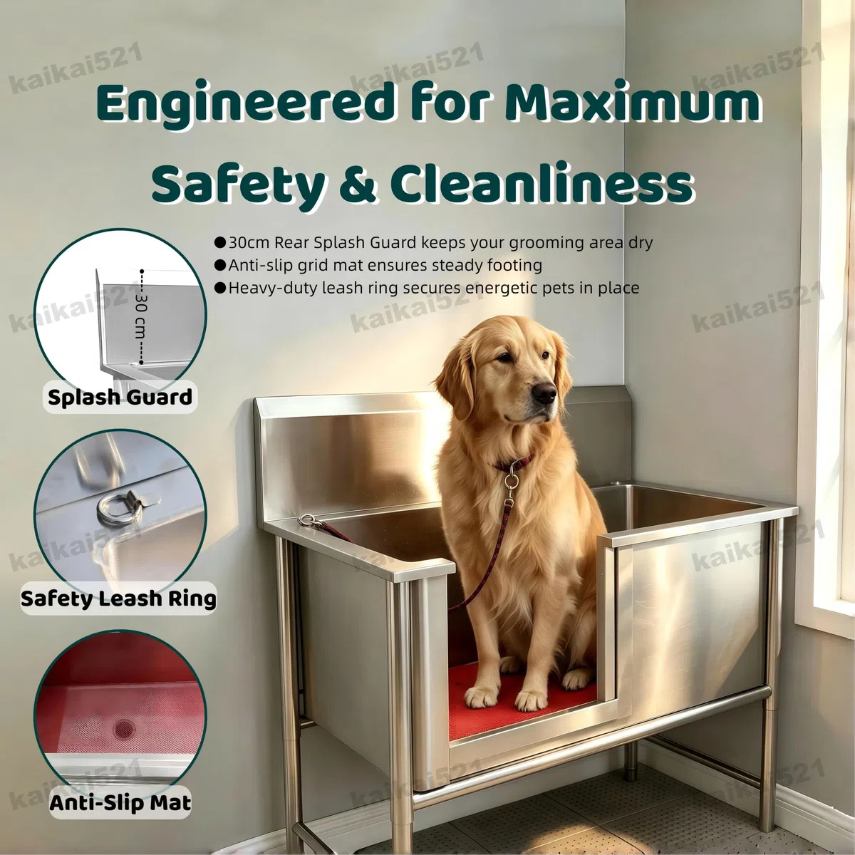 Bañera Acero Inoxidable Profesional para Perros Grandes 100 kg (120cm) | Estación De Baño Profesional Acero Inoxidable Para Perros,Bañera Peluquería Canina Longitud Mascota Alfombra Antideslizante