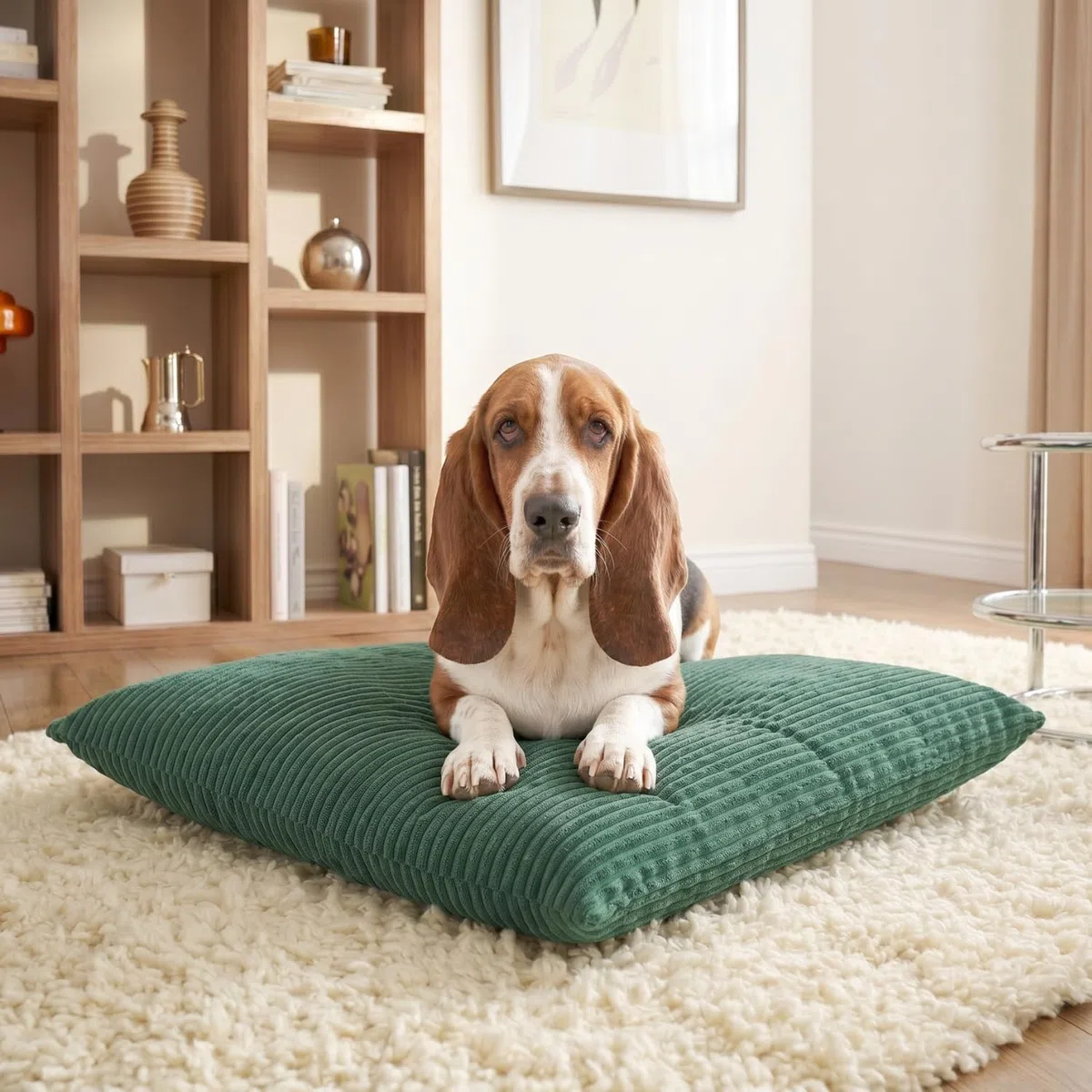 4L Textil ZOE Cojín para Perros Mullido de Pana, con Funda y Cremallera, Cómodo y Lavable (100x80 cm, Verde(Rayas)) | 100 x 80 cm | verde | funda extraíble | con cremallera | lavable a máquina